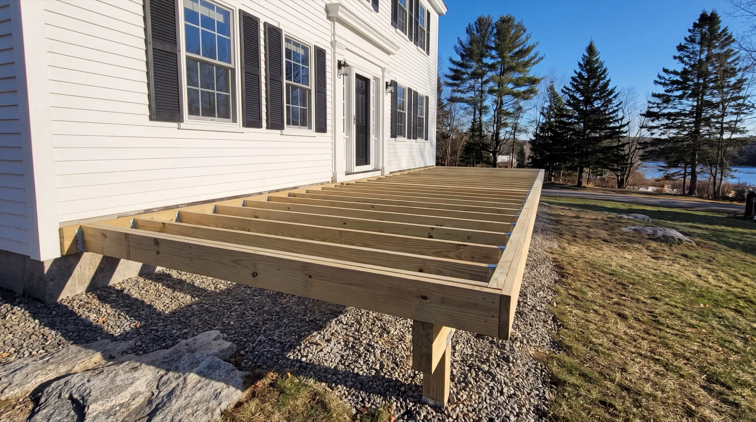 deck framing in progress on a Hallowell home