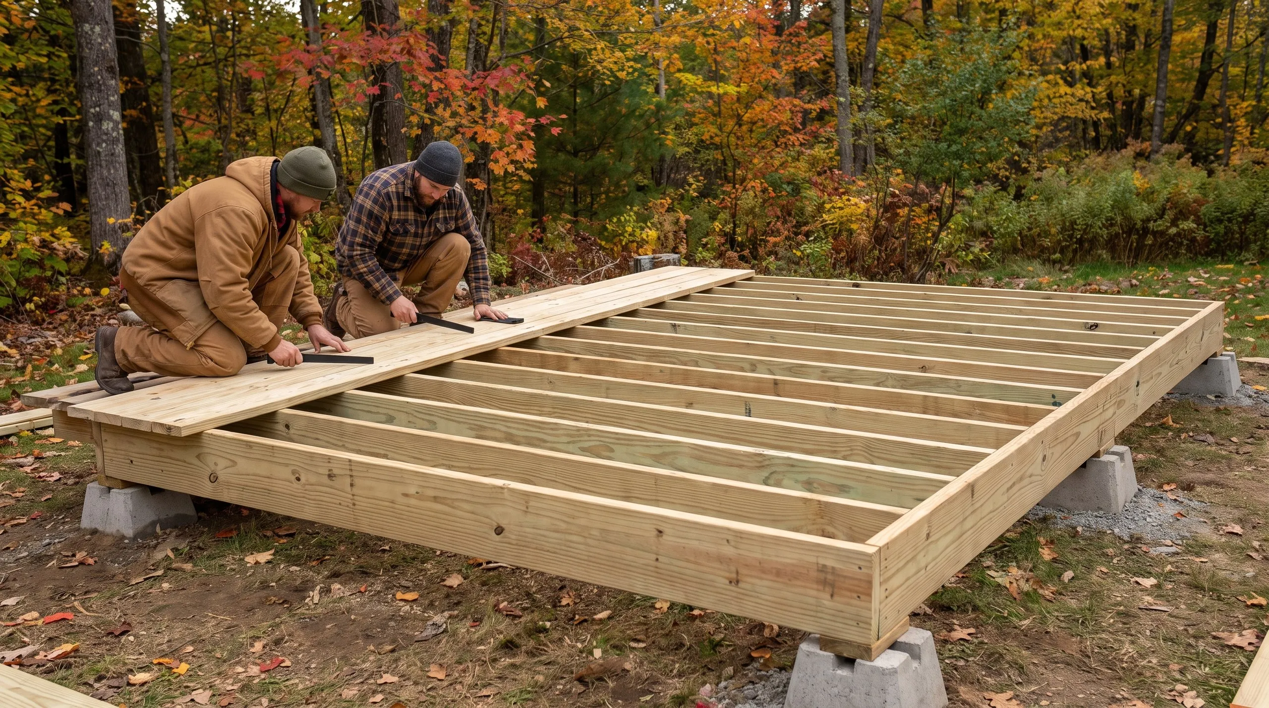 Two builders laying pressure-treated deck boards over new joists set on concrete deck blocks in Hallowell, Maine