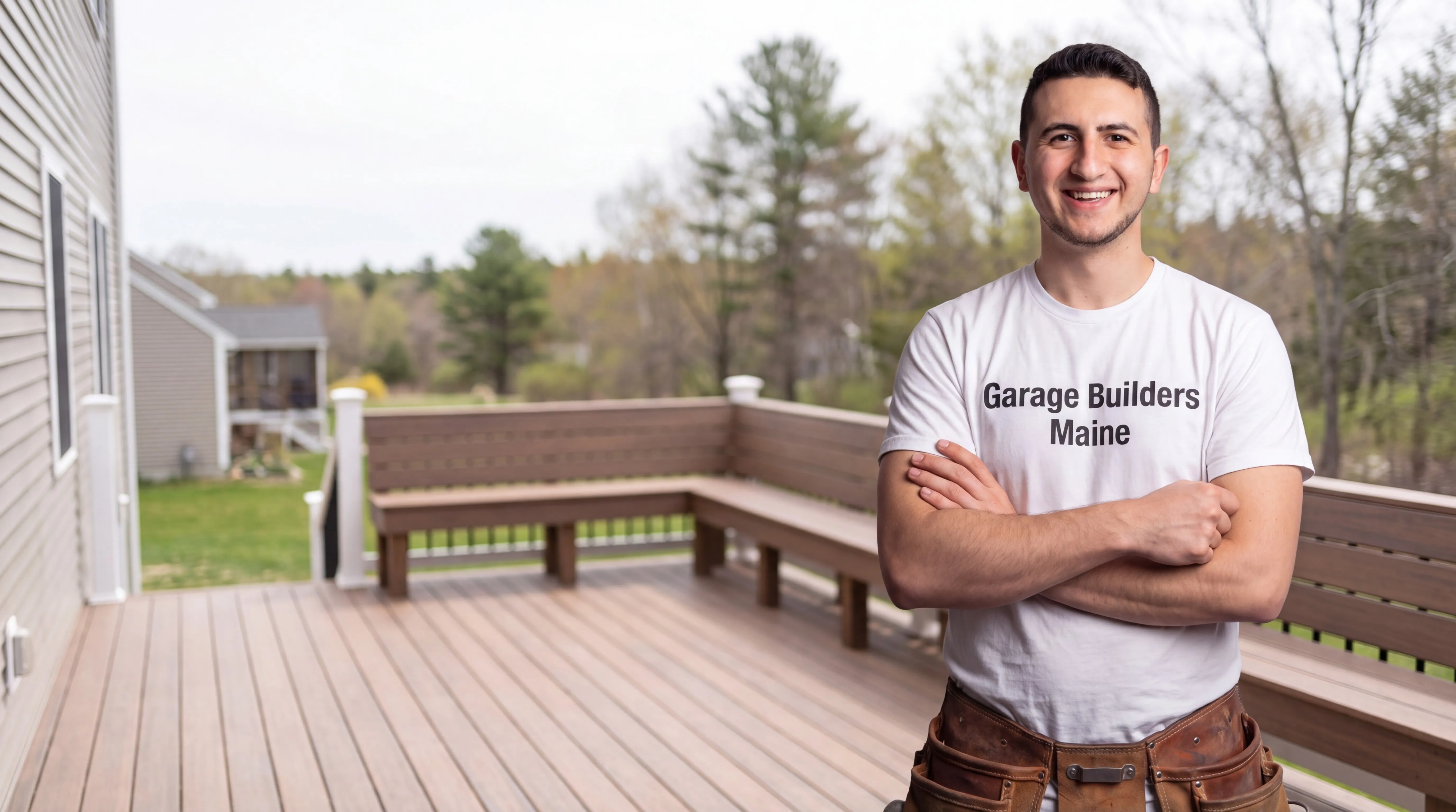 Deck contractor Hallowell Maine: owner with arms crossed on a composite deck with a built-in bench