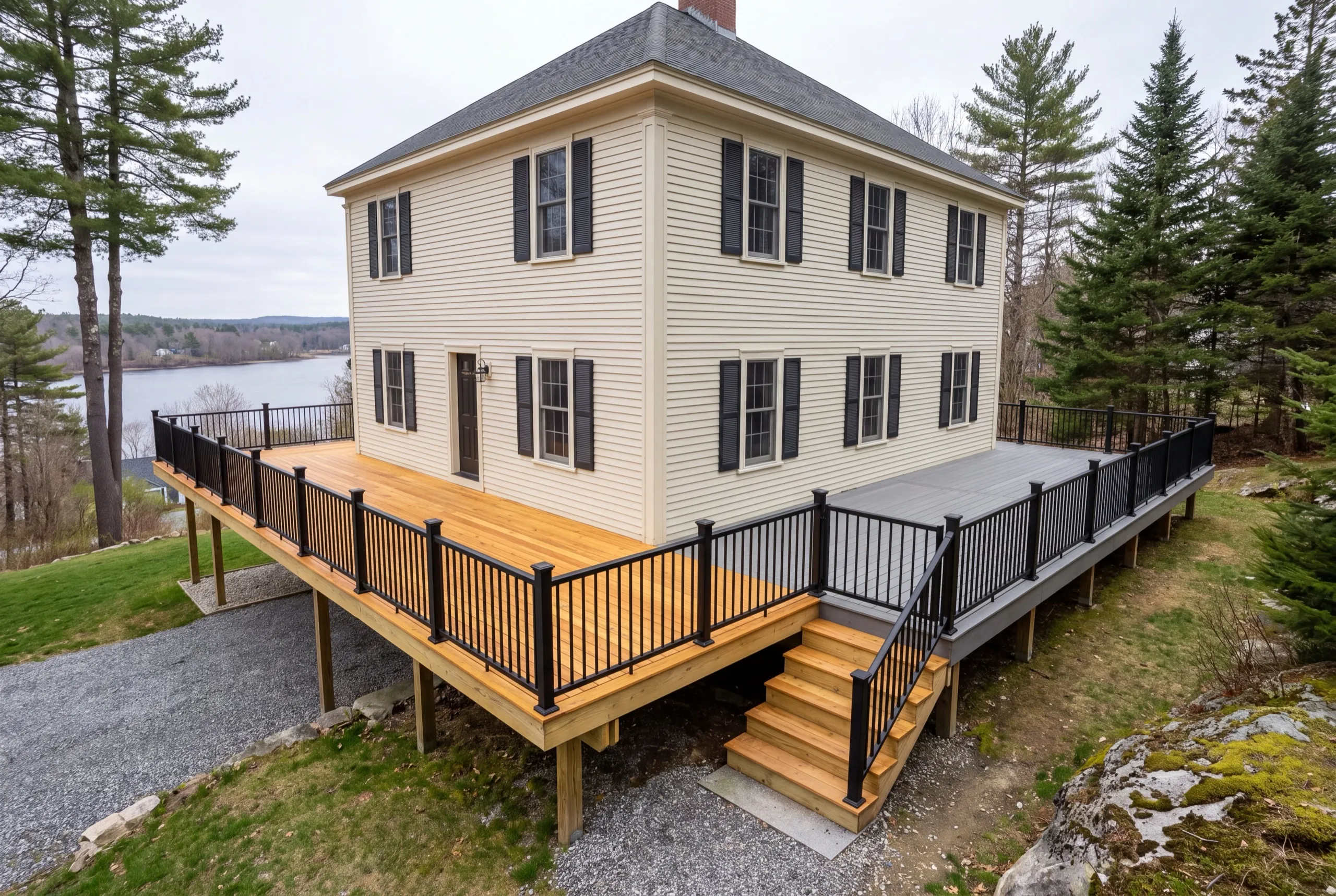 Deck builder Hallowell Maine: wraparound deck with honey wood boards on one side, gray composite on the other