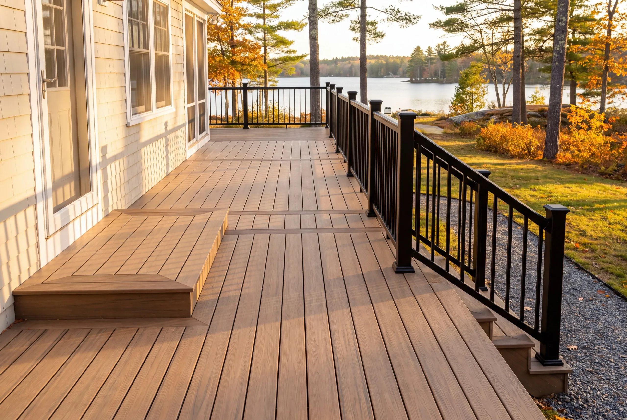 Deck contractor Jefferson Maine: long brown composite deck with a built-in step and black railing facing the water