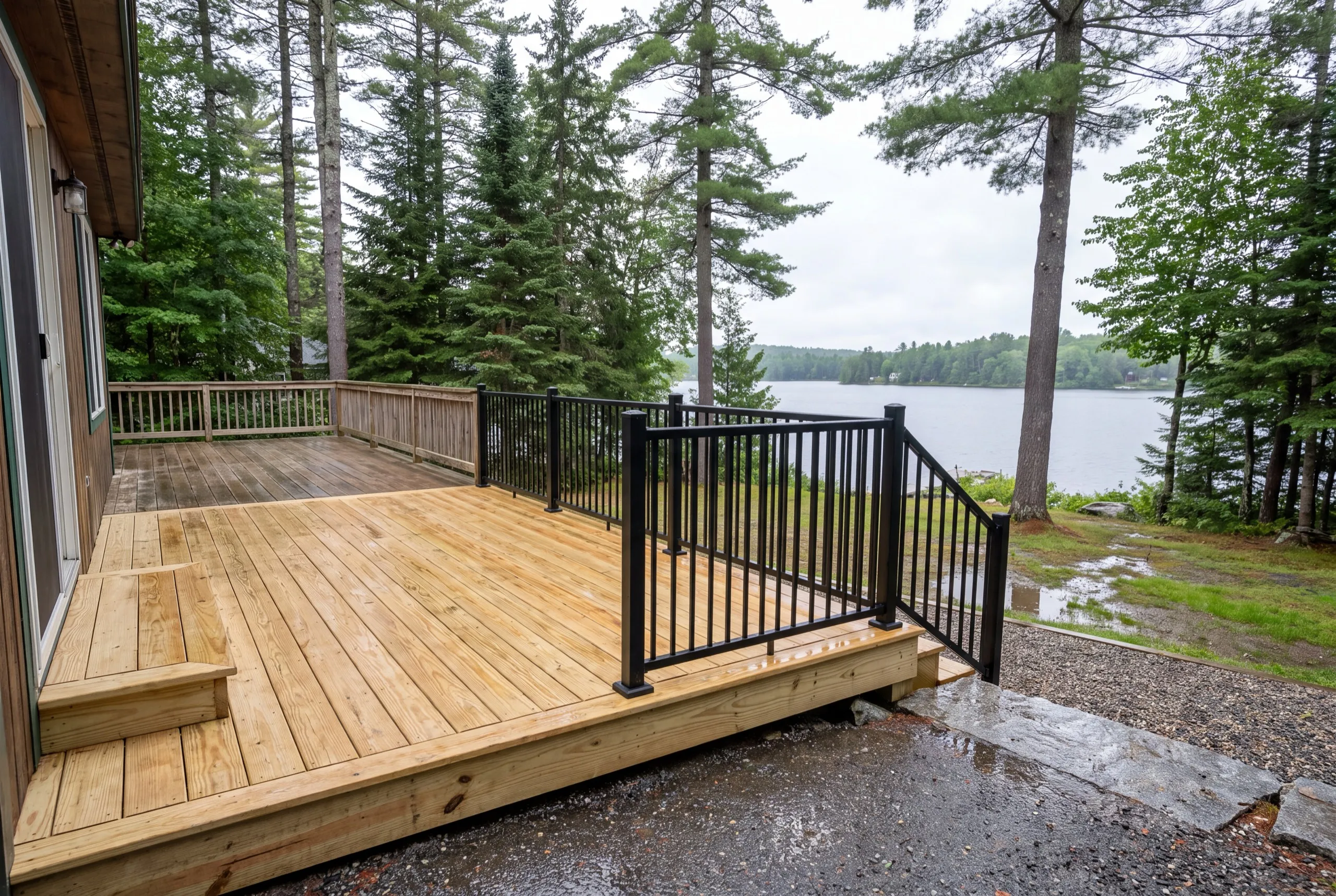 Deck builder Jefferson Maine: new pressure-treated deck joined to an older gray deck with wood railing