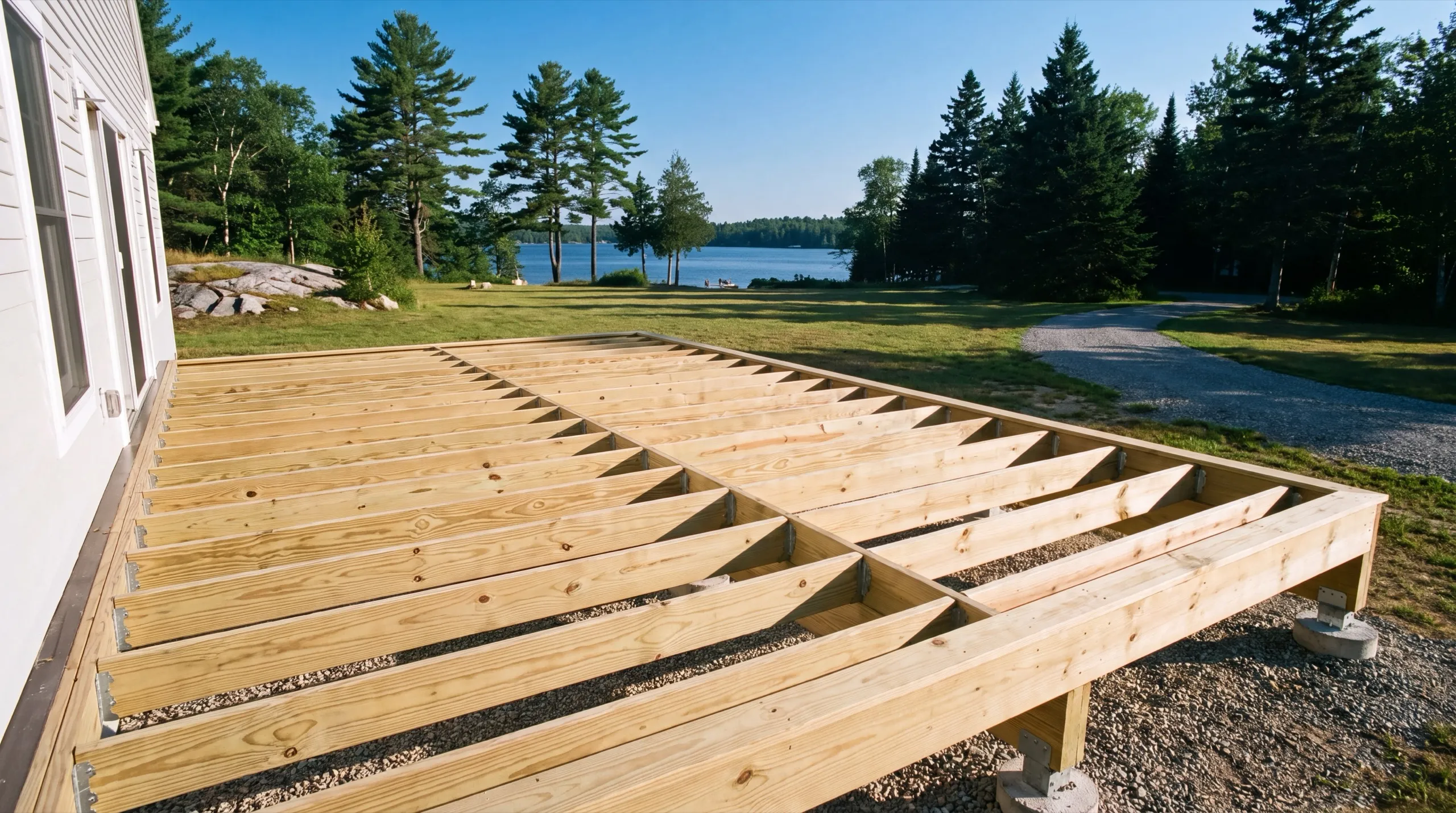 Deck builder Jefferson Maine: new pressure-treated deck joists and beam framed on piers off a white house