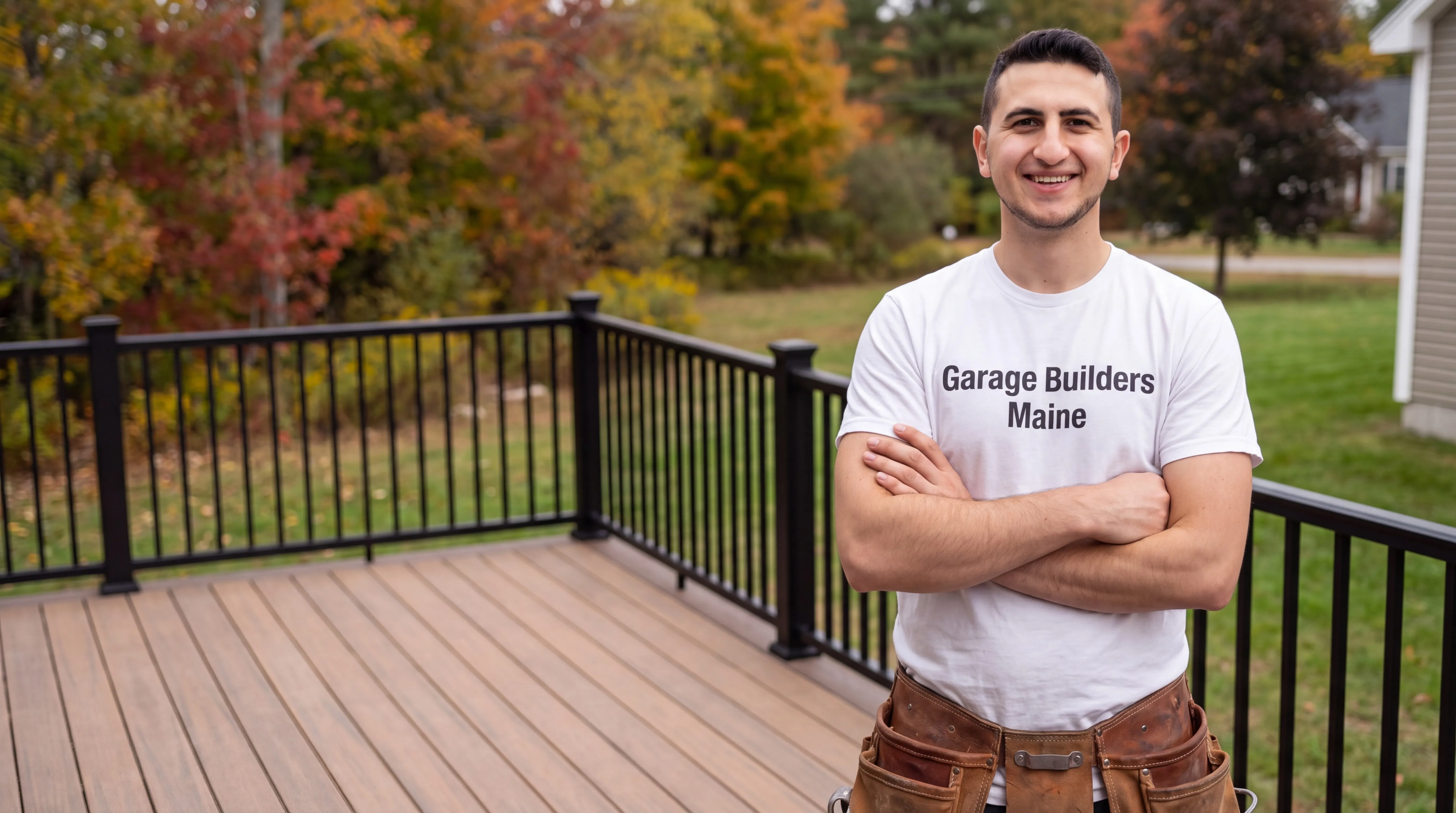 Owner of Garage Builders Maine standing with his arms crossed and smiling at a Maine job site