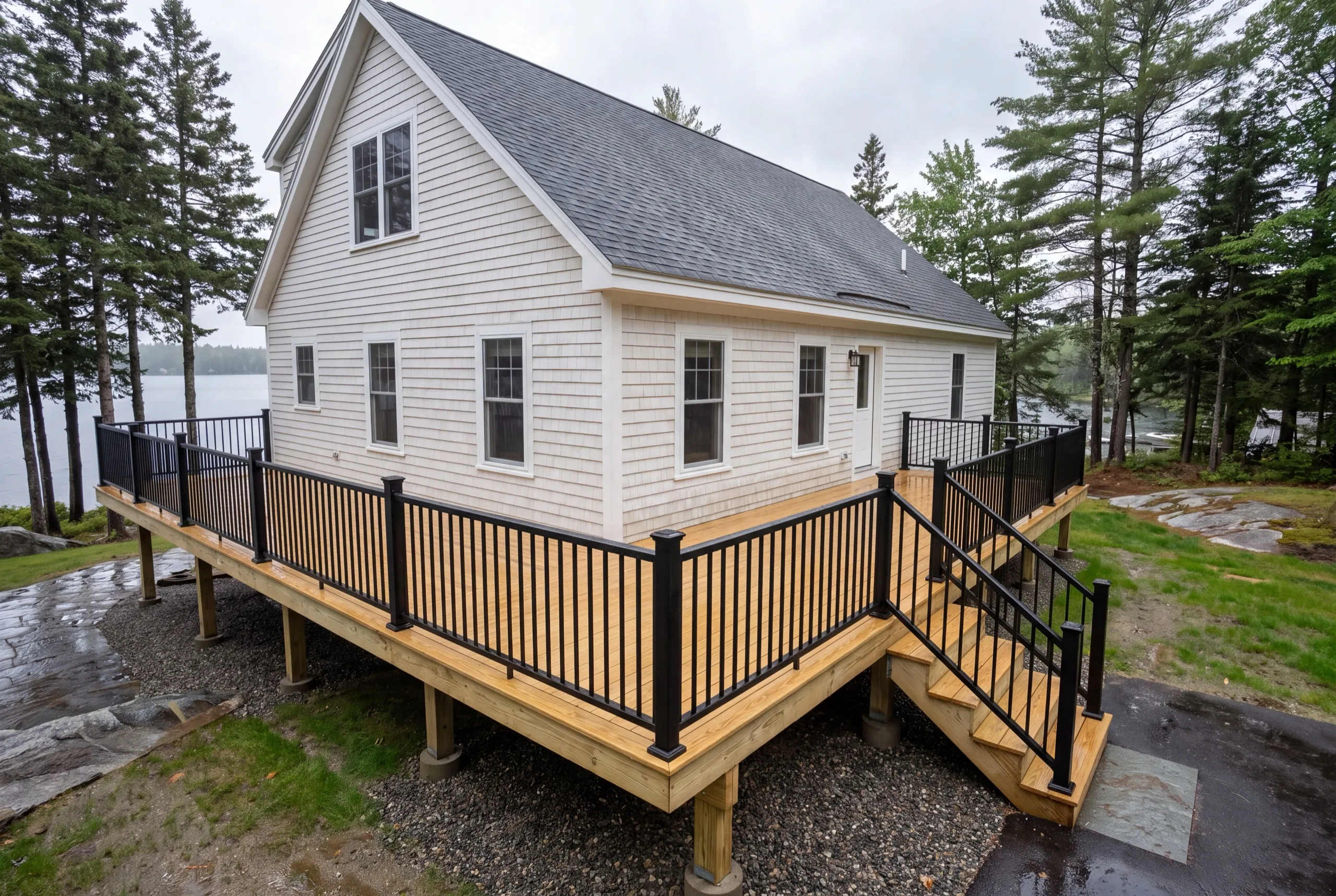 Deck builder Jefferson Maine: new pressure-treated deck with black metal railing and stairs on a white cape