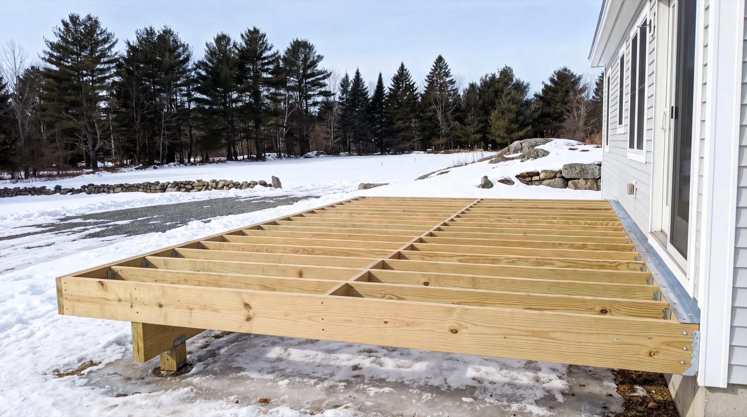 Deck builder Litchfield Maine: new pressure-treated deck joists framed off a gray house above snow