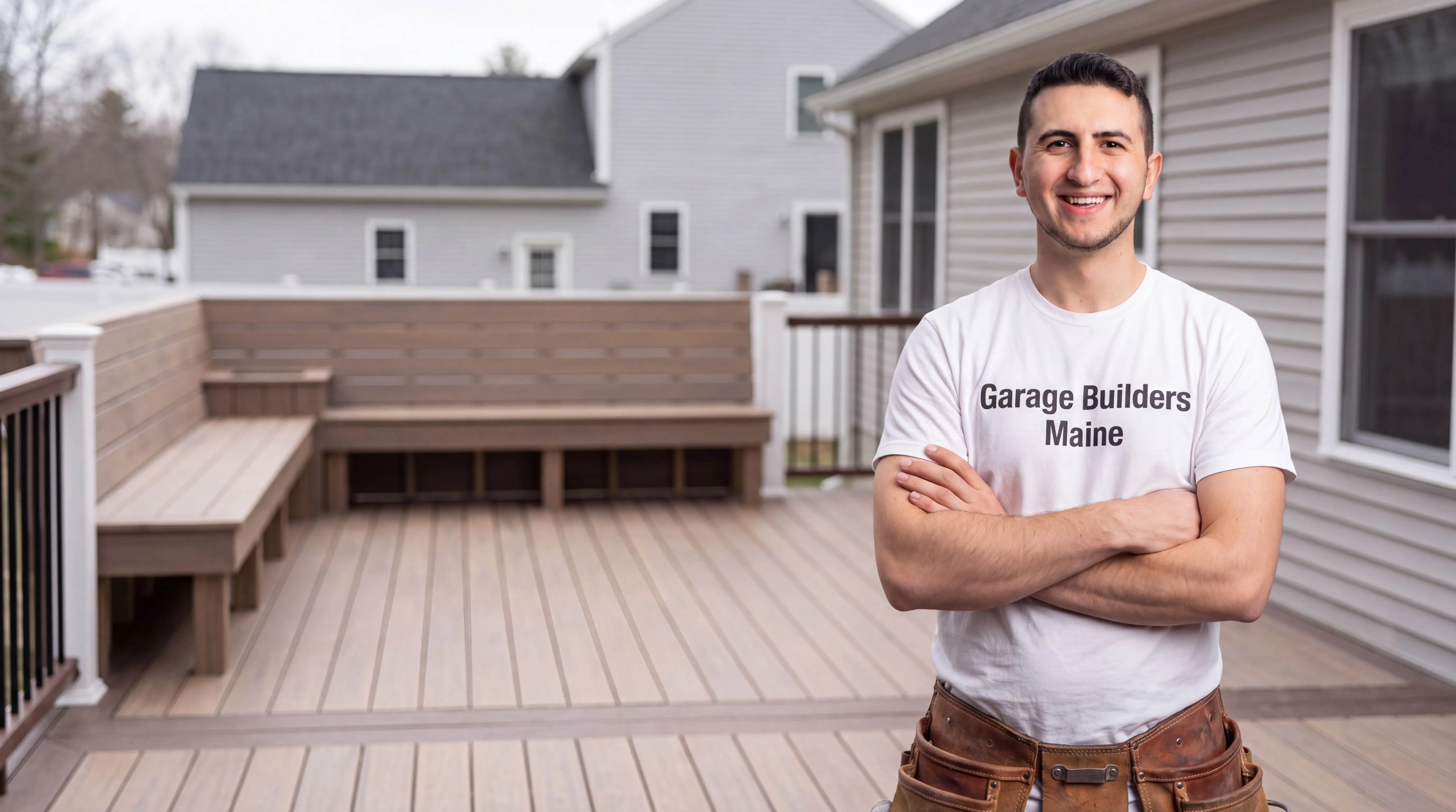 Owner of Garage Builders Maine standing with his arms crossed and smiling at a Maine job site