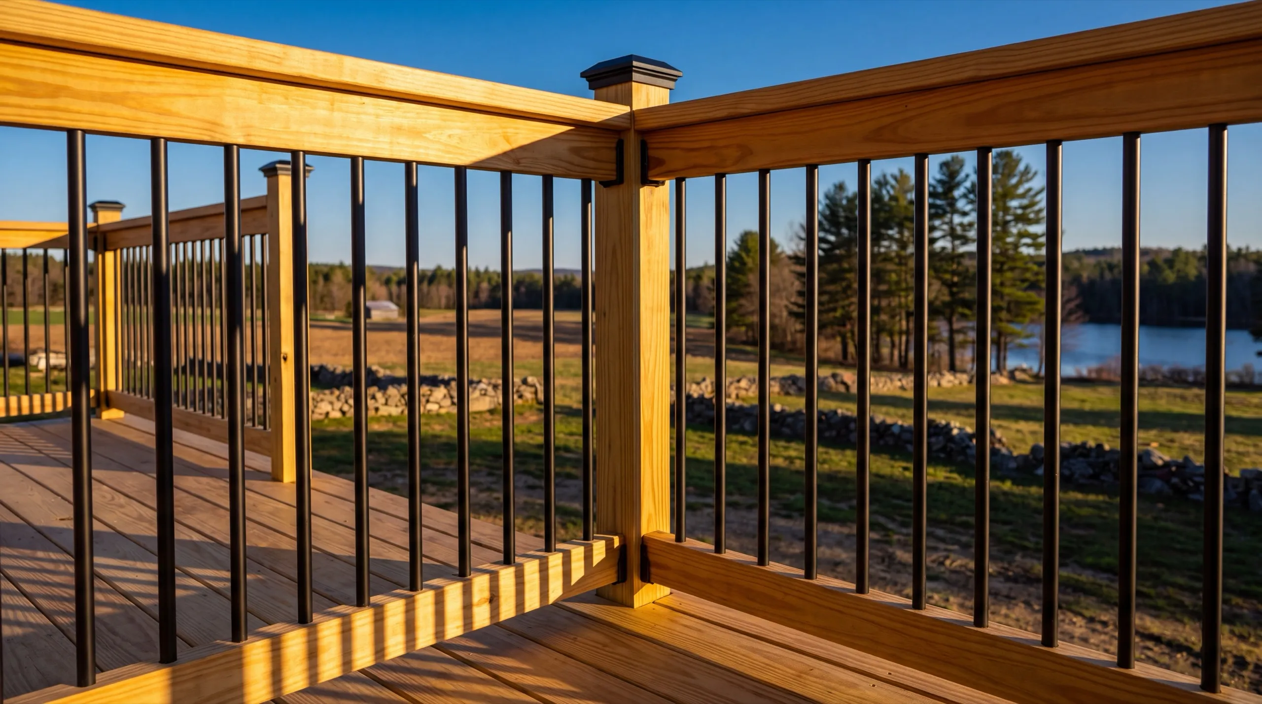 Deck builder Litchfield Maine: pressure-treated deck railing corner with black balusters over an open field
