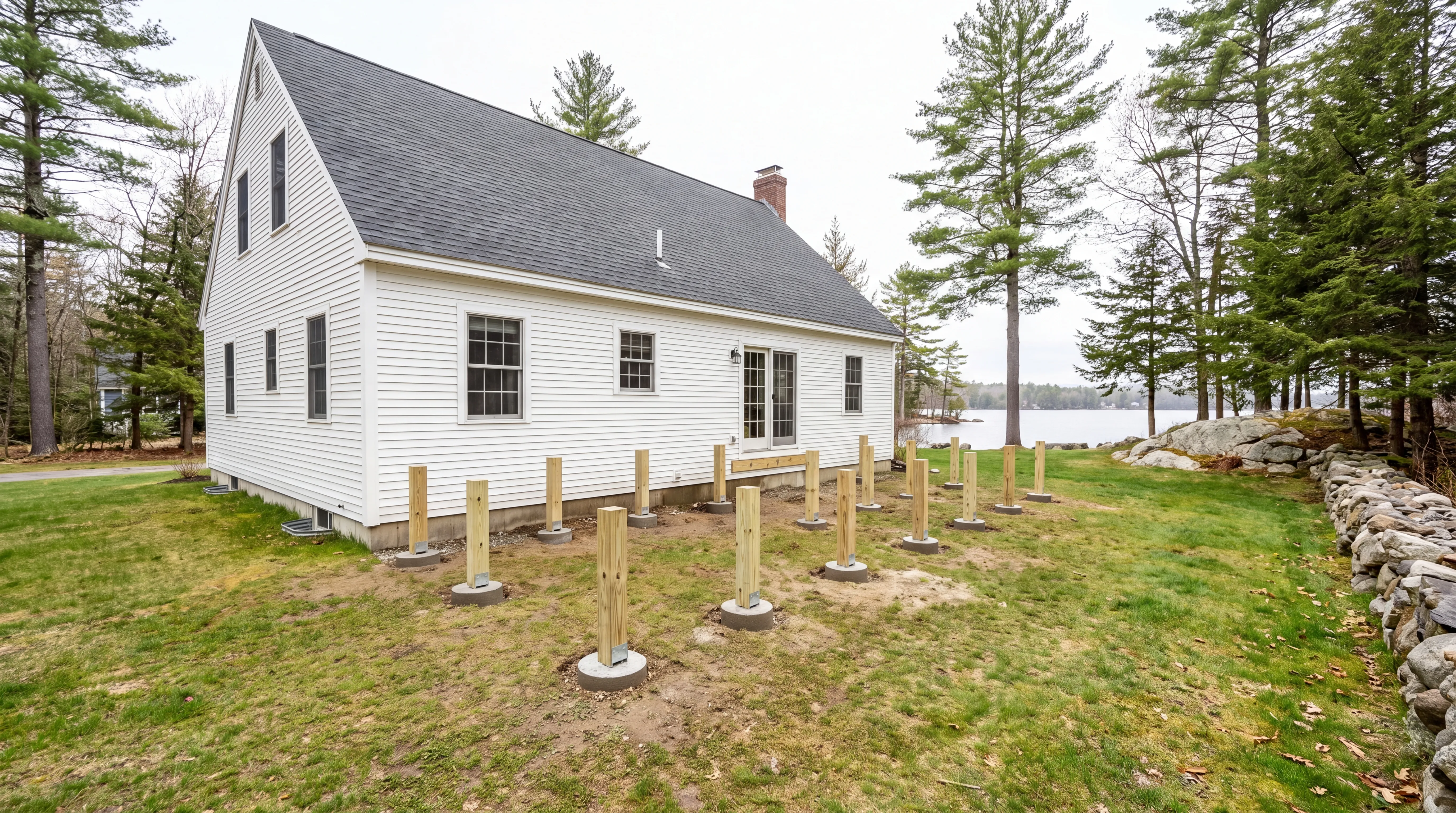 Grid of new deck posts on round concrete piers behind a white cape in Manchester, Maine