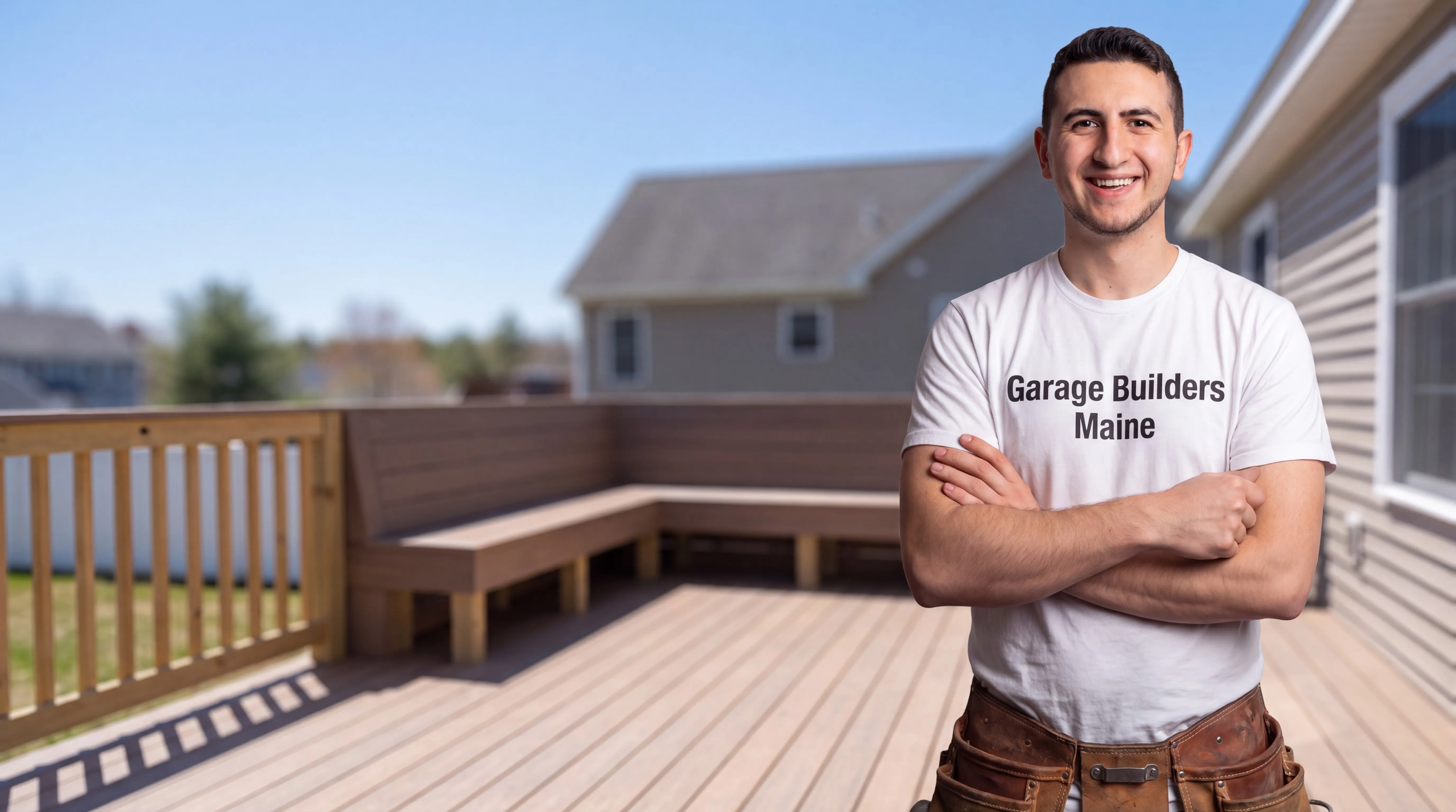 Owner of Garage Builders Maine standing with his arms crossed and smiling at a Maine job site