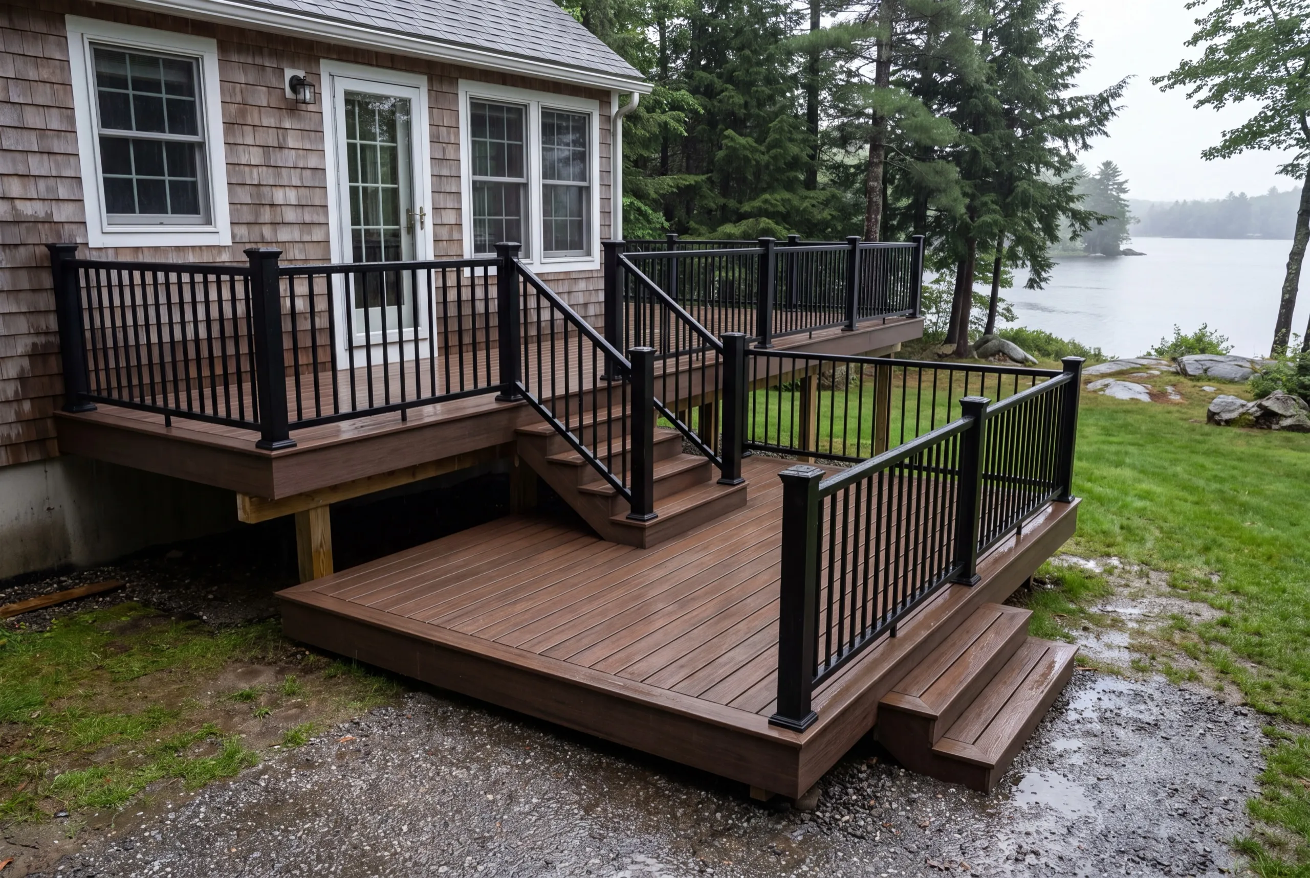 Deck contractor Manchester Maine: two-level brown composite deck joined by stairs off a cedar-shingled cape