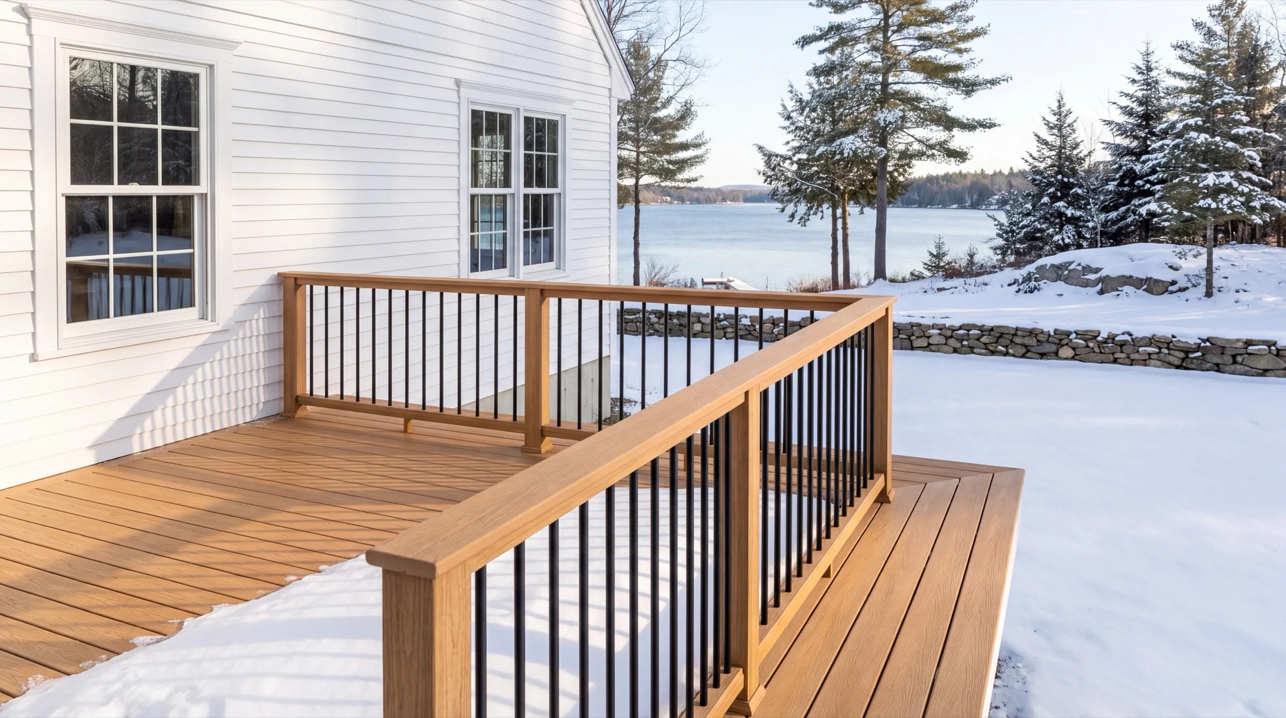 Deck builder Manchester Maine: tan composite deck railing with black balusters along a white house in snow