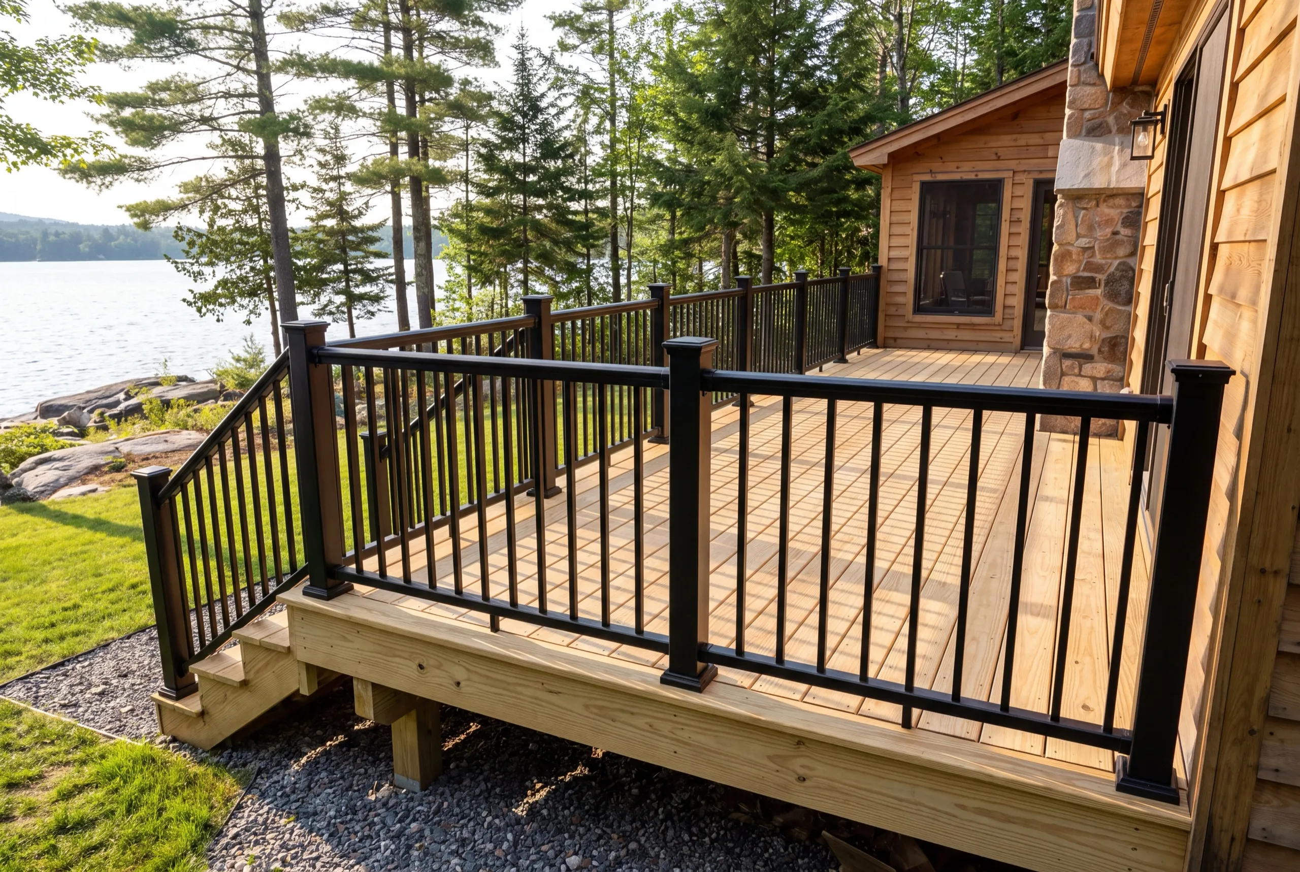 Deck builder Manchester Maine: new pressure-treated deck with black metal railings beside a wood-sided cabin