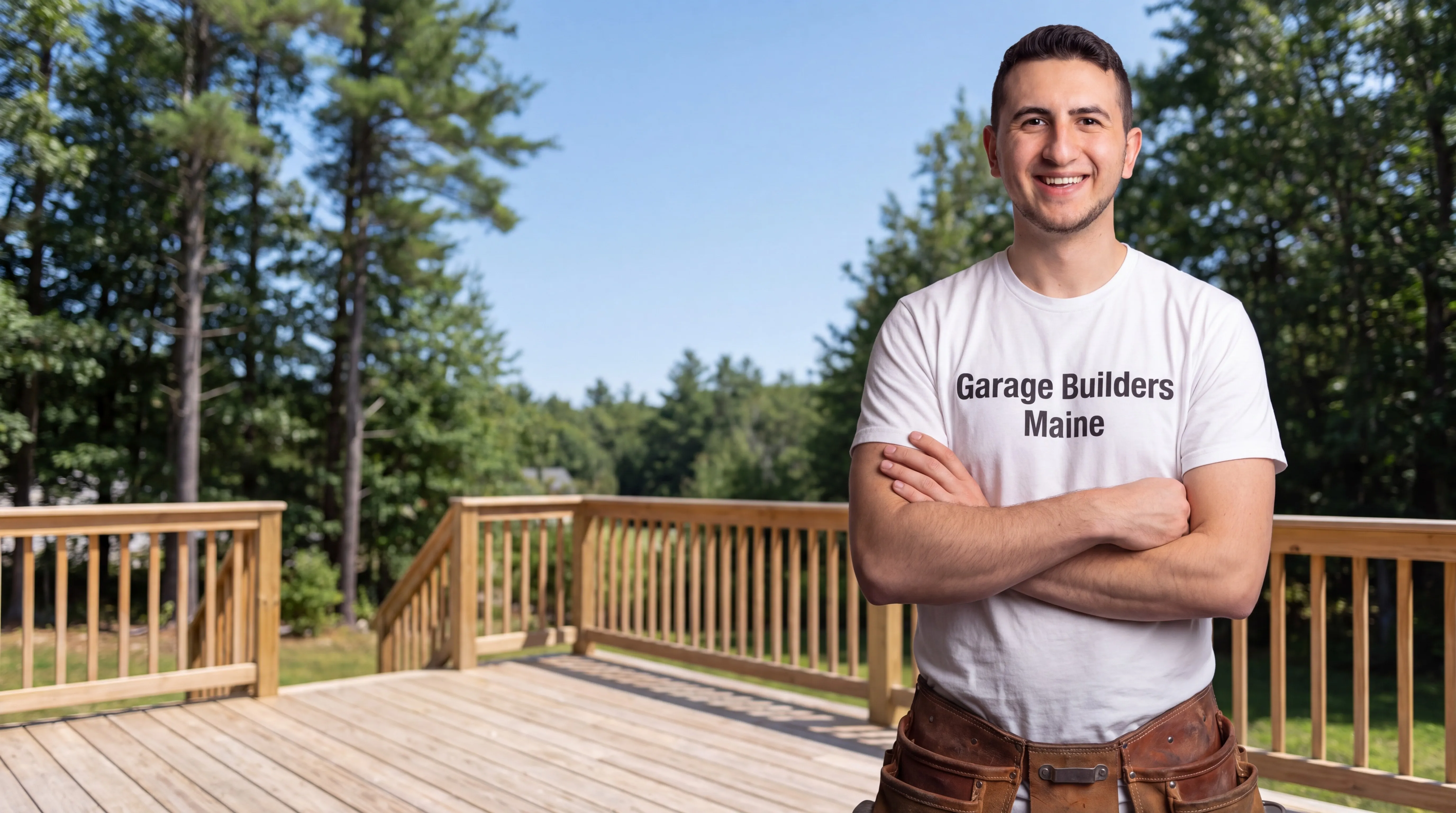 Owner of Garage Builders Maine standing with his arms crossed and smiling at a Maine job site