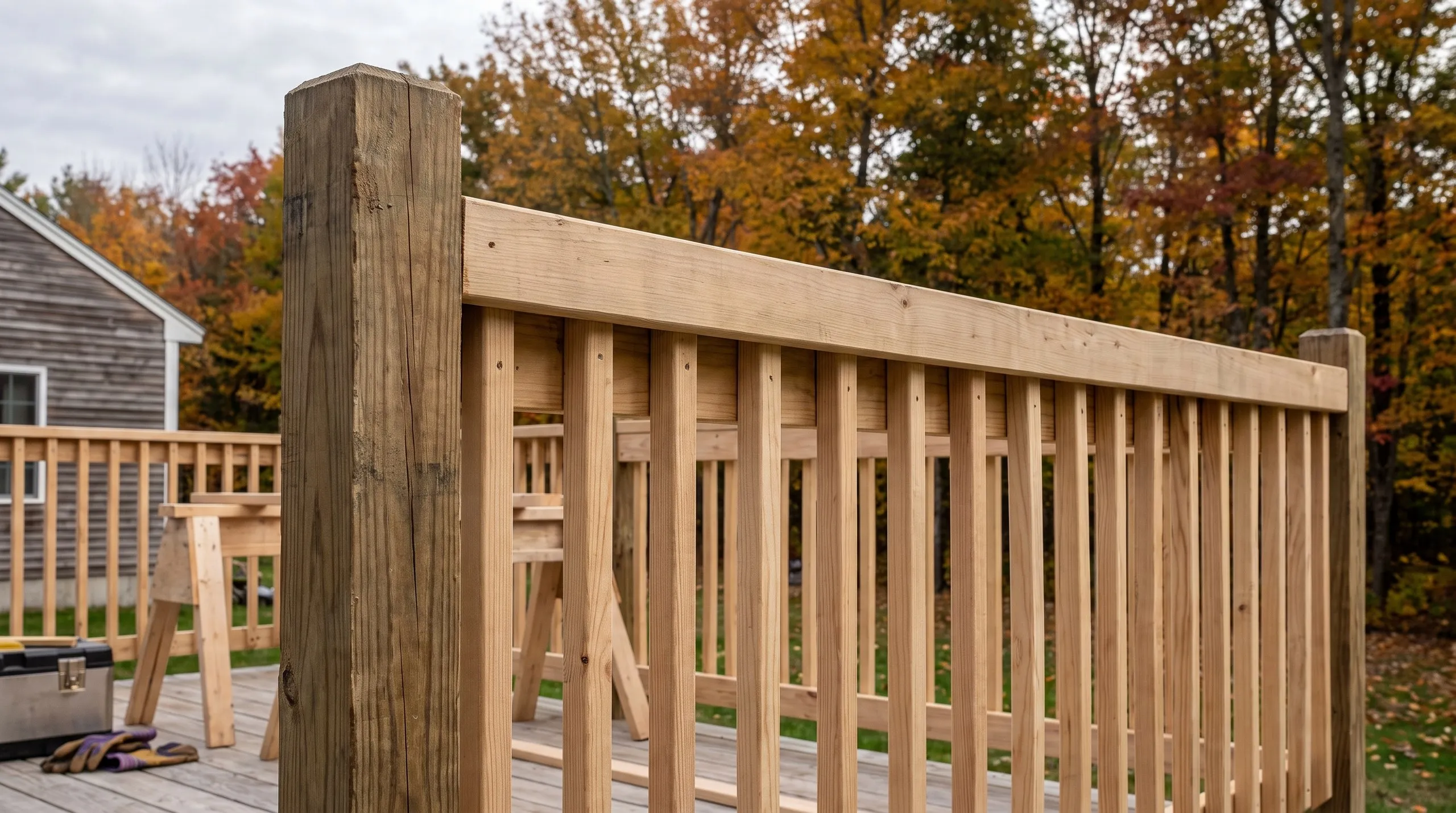 Deck builder Monmouth Maine: new wood railing on a deck corner, with sawhorses, a toolbox and work gloves set out