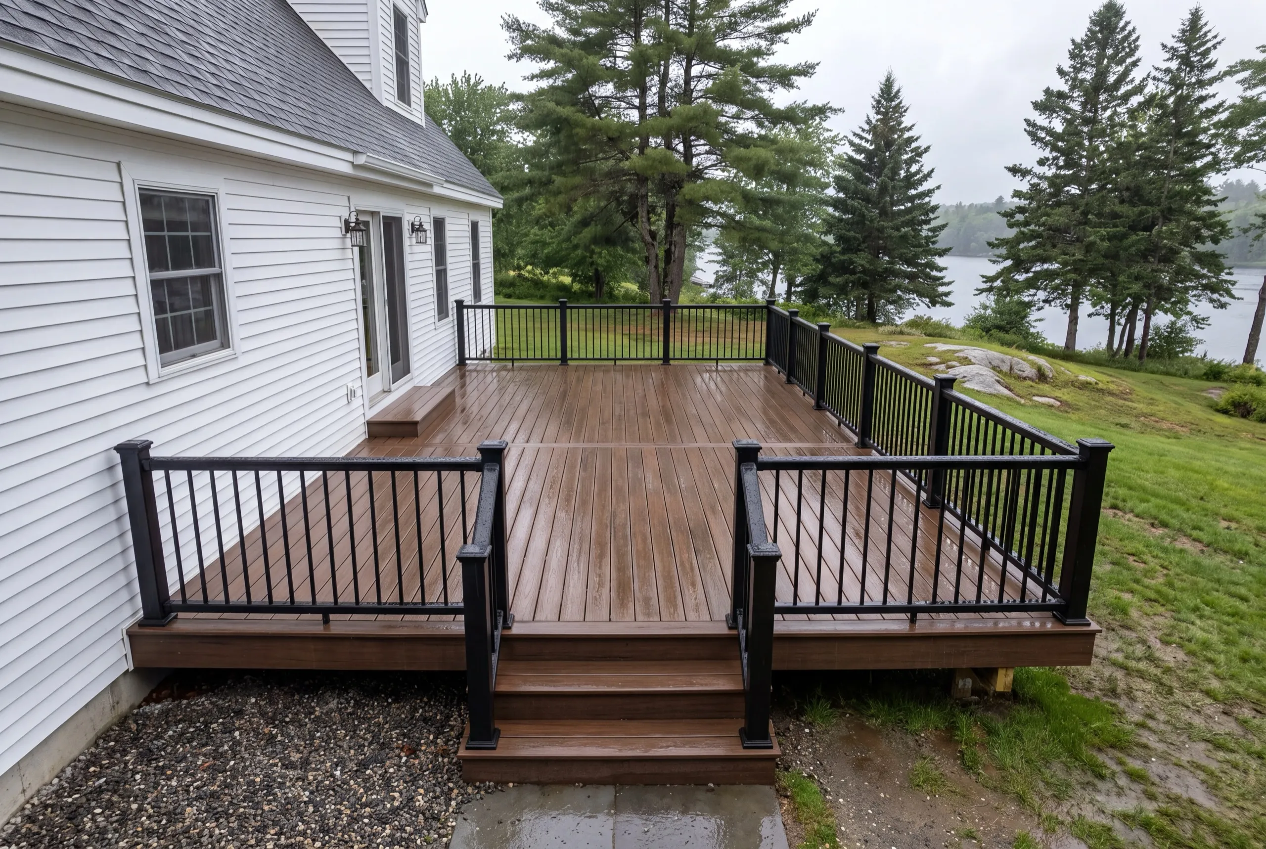 Deck contractor Pittston Maine: brown composite deck with black railing and wide stairs on a white cape