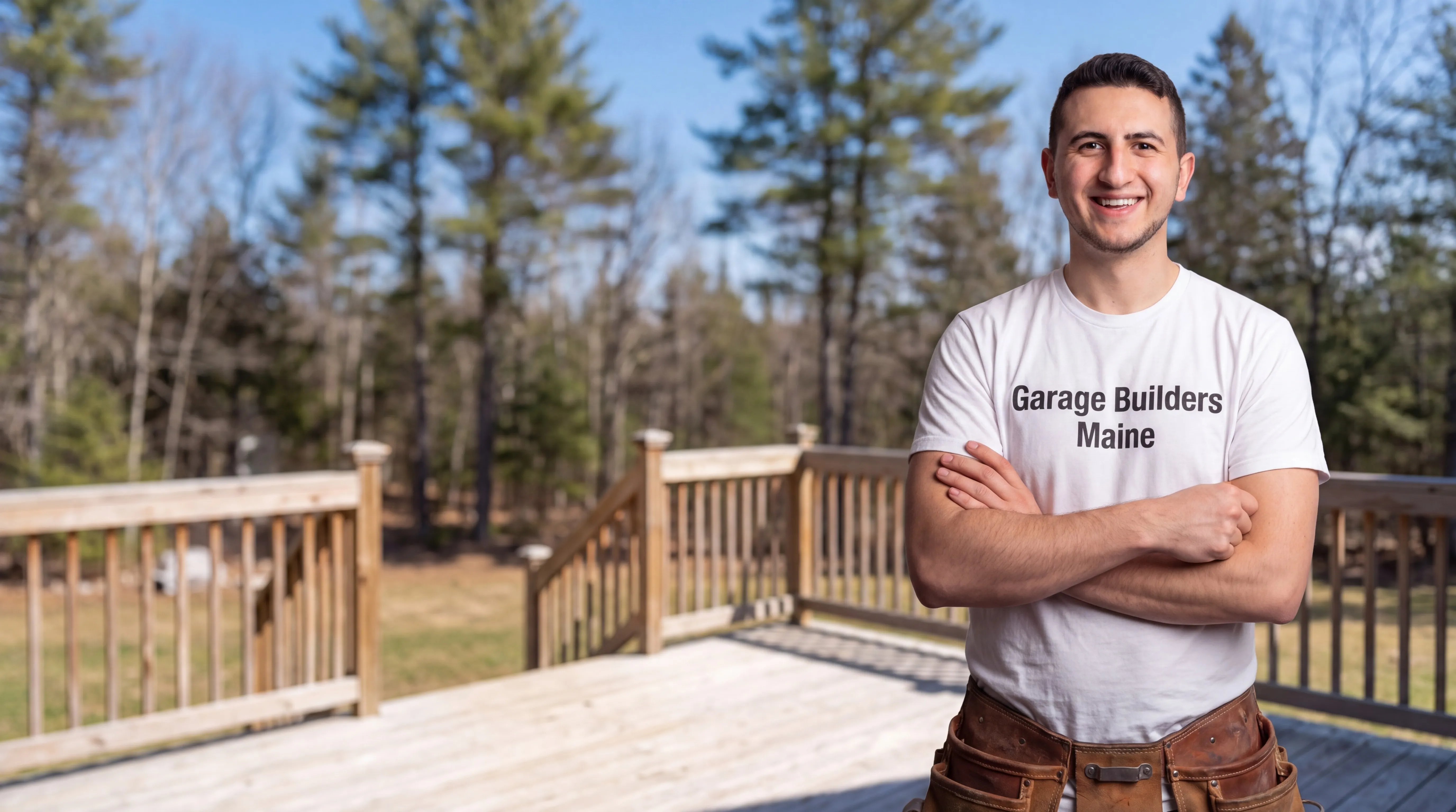 Owner of Garage Builders Maine standing with his arms crossed and smiling at a Maine job site