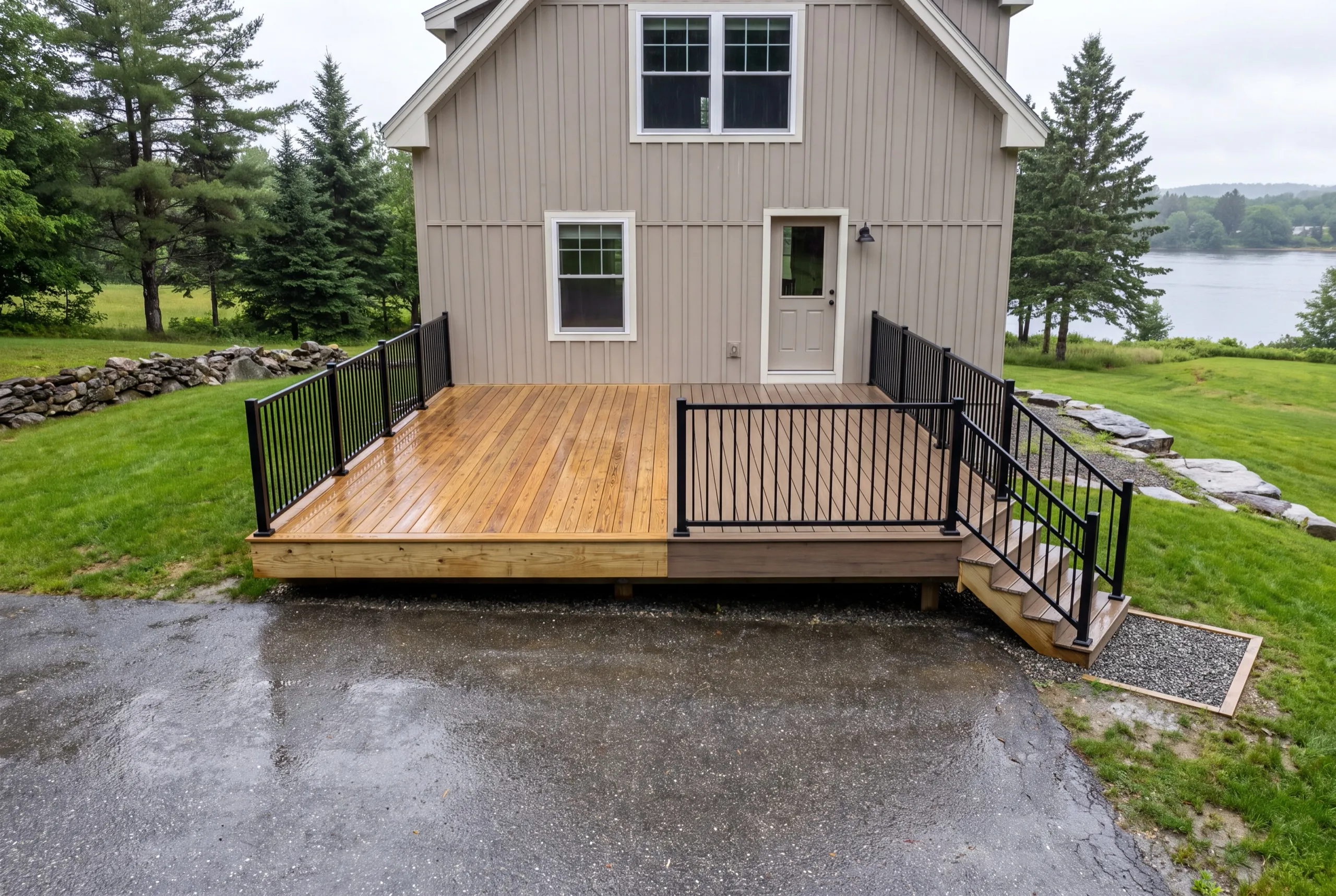Deck builder Pittston Maine: deck built half in honey wood boards and half in brown composite boards