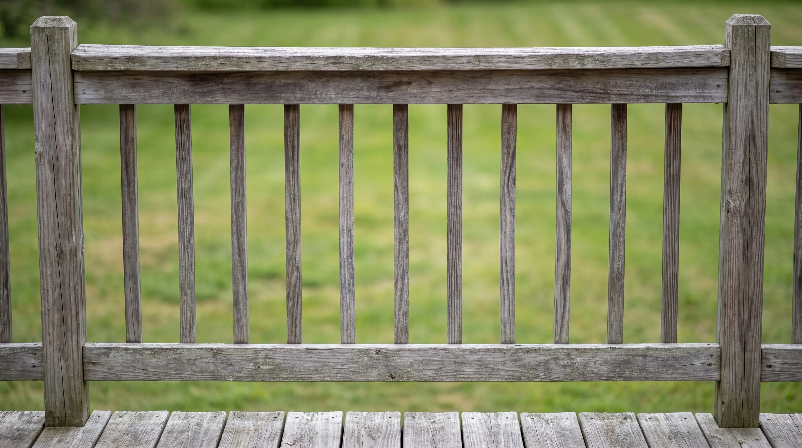 Weathered wood deck railing section with square balusters between two posts above a green lawn in Central Maine