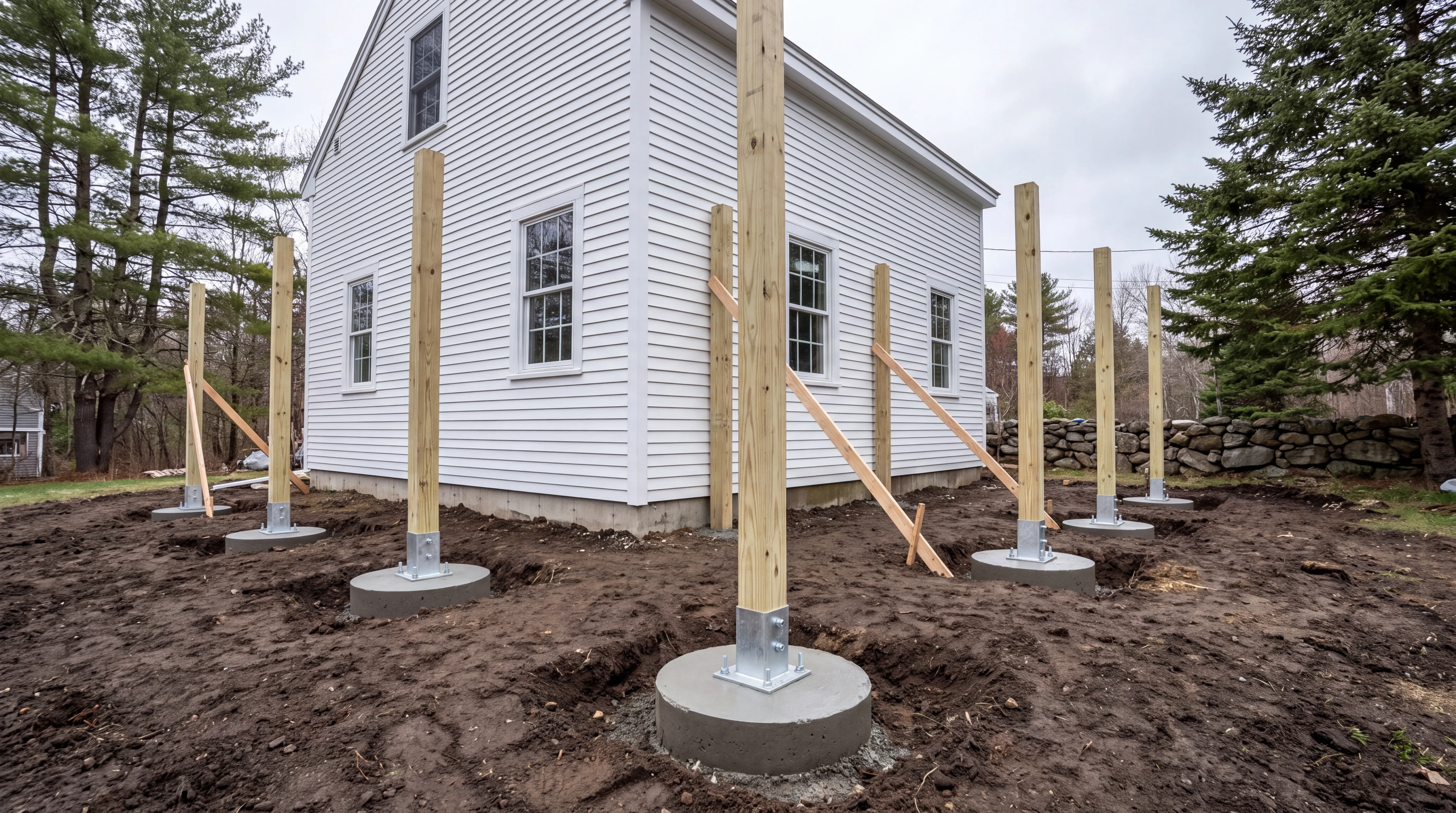 Braced wood deck posts on round concrete footings around a white house in Randolph, Maine