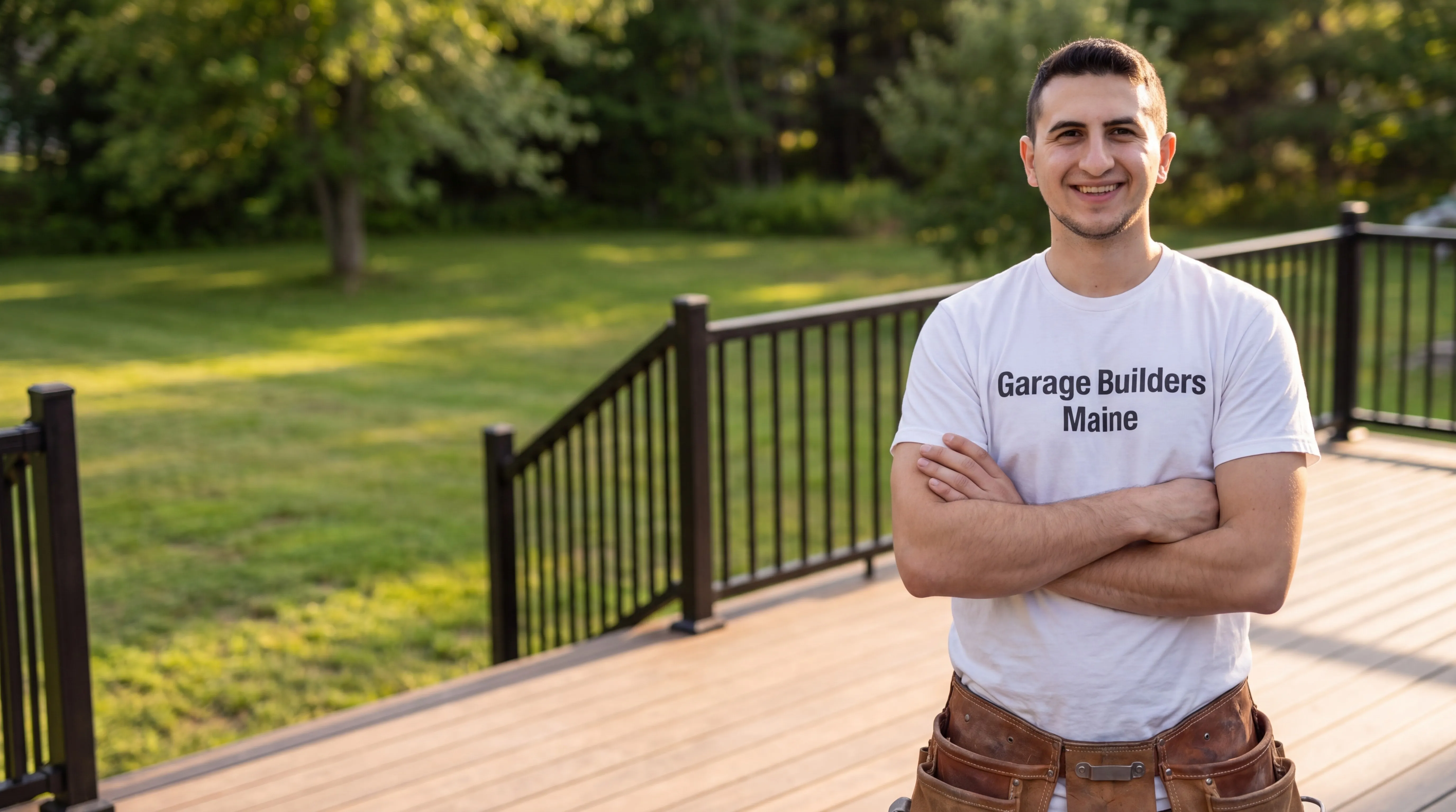 Owner of Garage Builders Maine standing with his arms crossed and smiling at a Maine job site