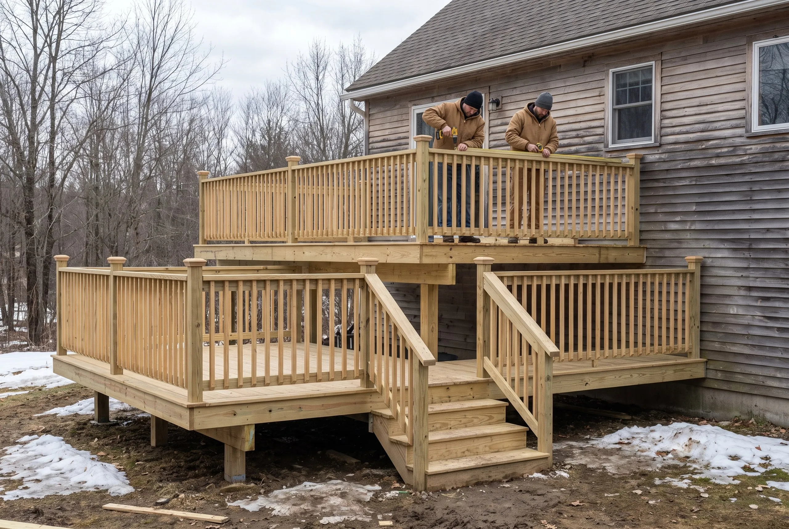 Deck contractor Randolph Maine: two-person crew fastening the upper railing on a new two-level pressure-treated deck