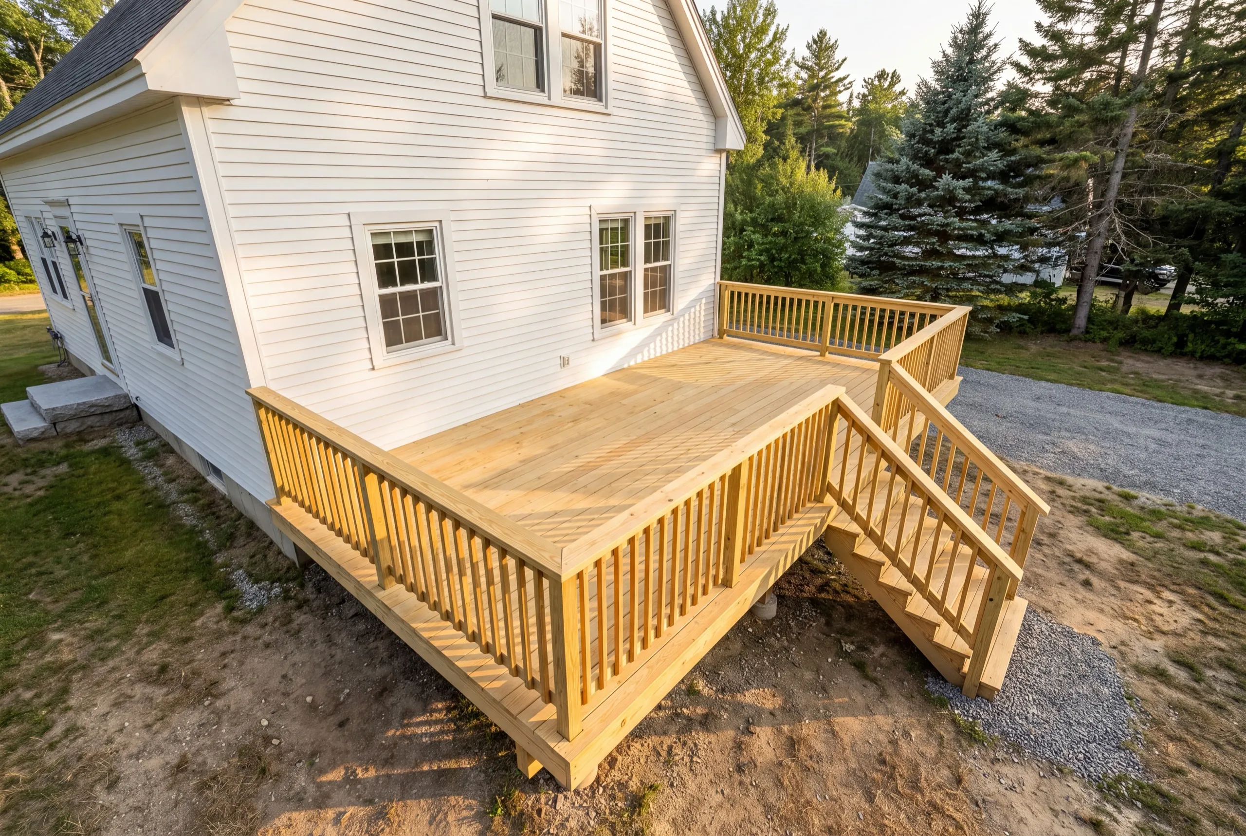 Deck builder Randolph Maine: new pressure-treated deck with wood railings and stairs on a white house