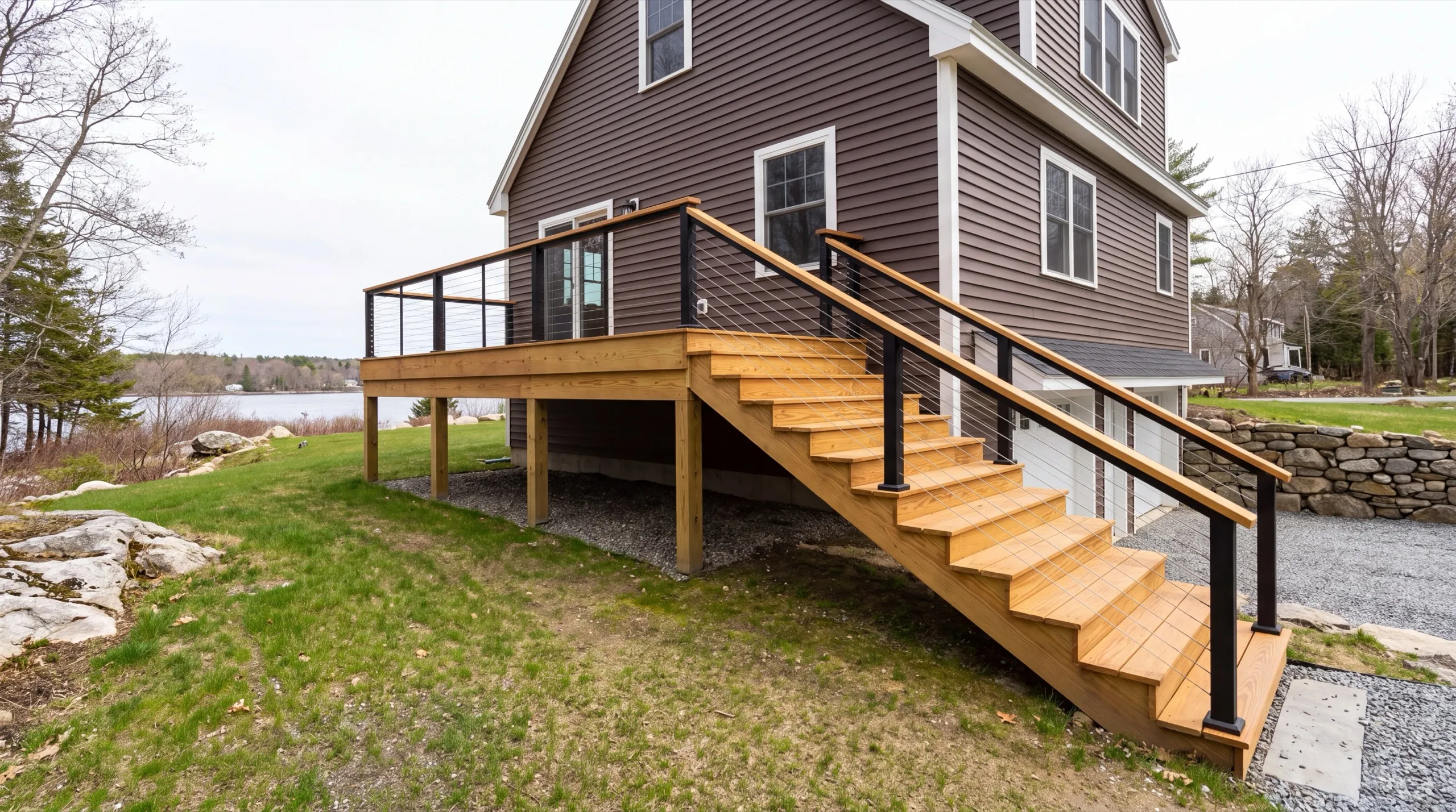 Deck contractor Richmond Maine: raised wood deck with cable railing and a long stair on a brown house