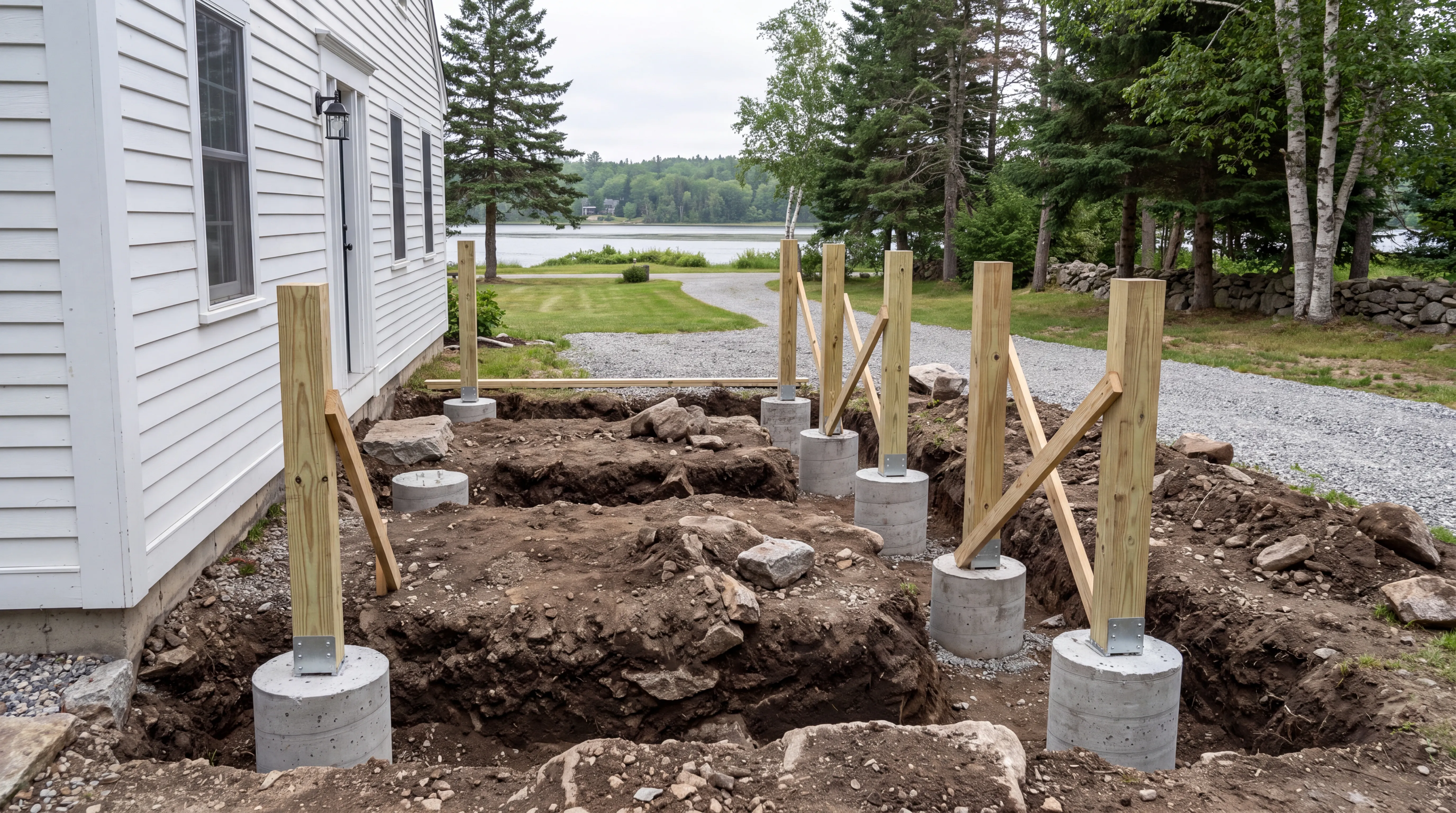 Braced wood posts on concrete footings in a dug-out yard beside a white house in Richmond, Maine