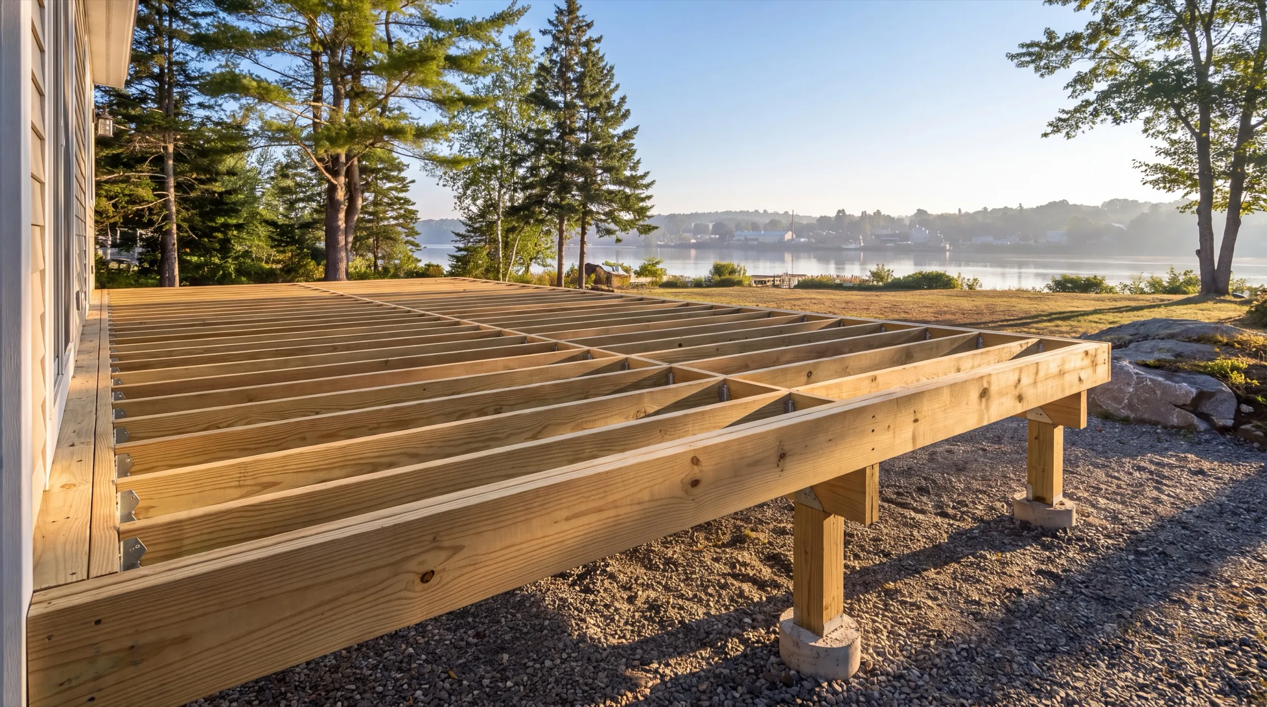Deck builder Richmond Maine: new deck framing with joists and blocking on posts over gravel by a lake