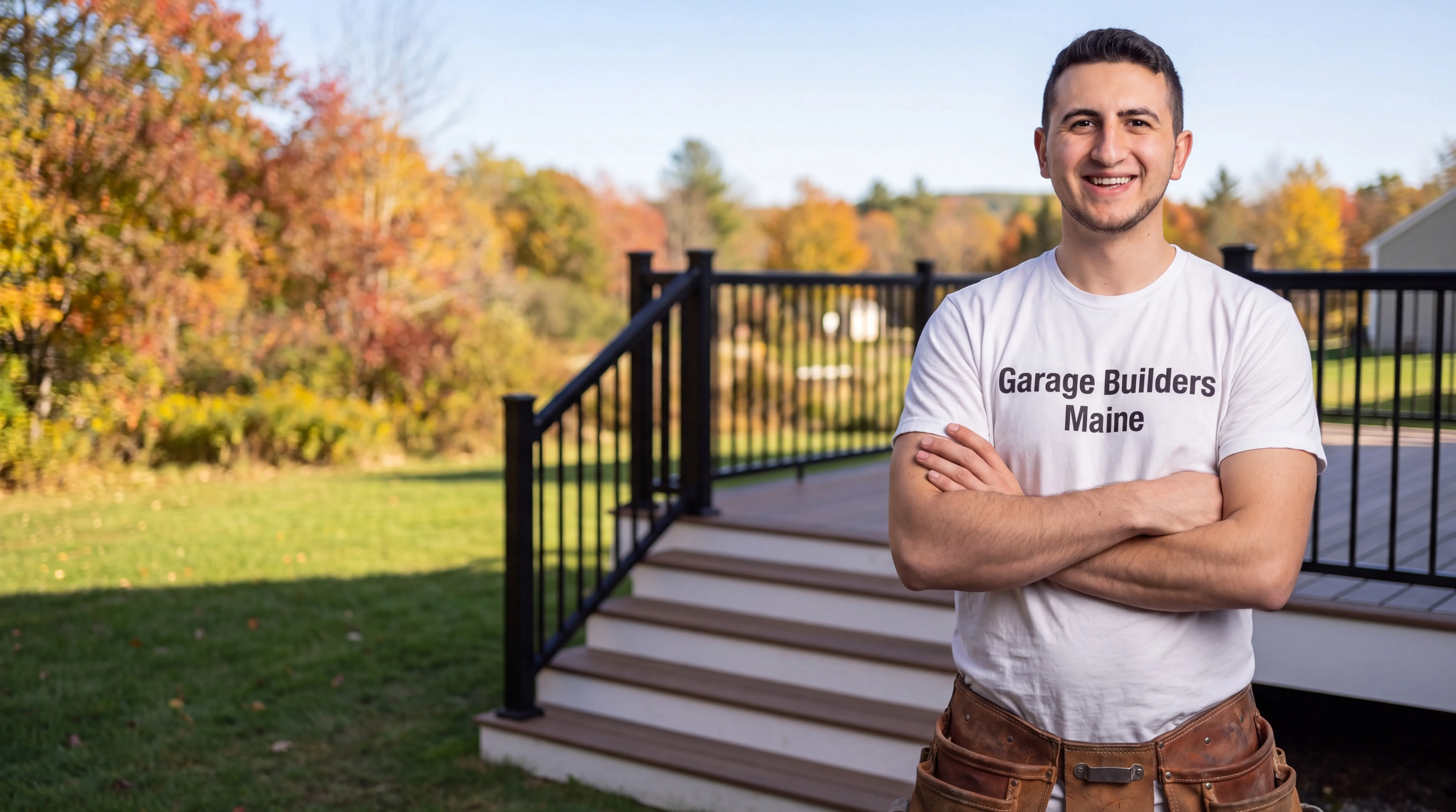 Owner of Garage Builders Maine standing with his arms crossed and smiling at a Maine job site