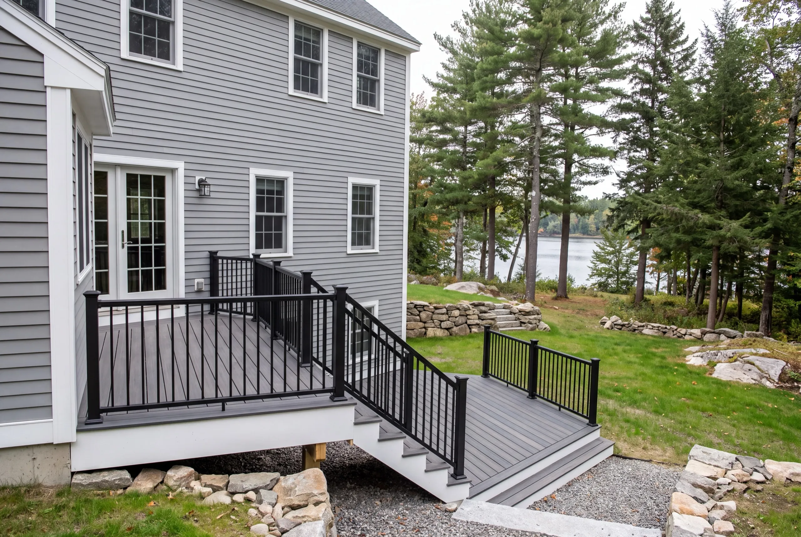 Deck contractor Richmond Maine: two-level gray composite deck joined by a stair on a gray colonial by water