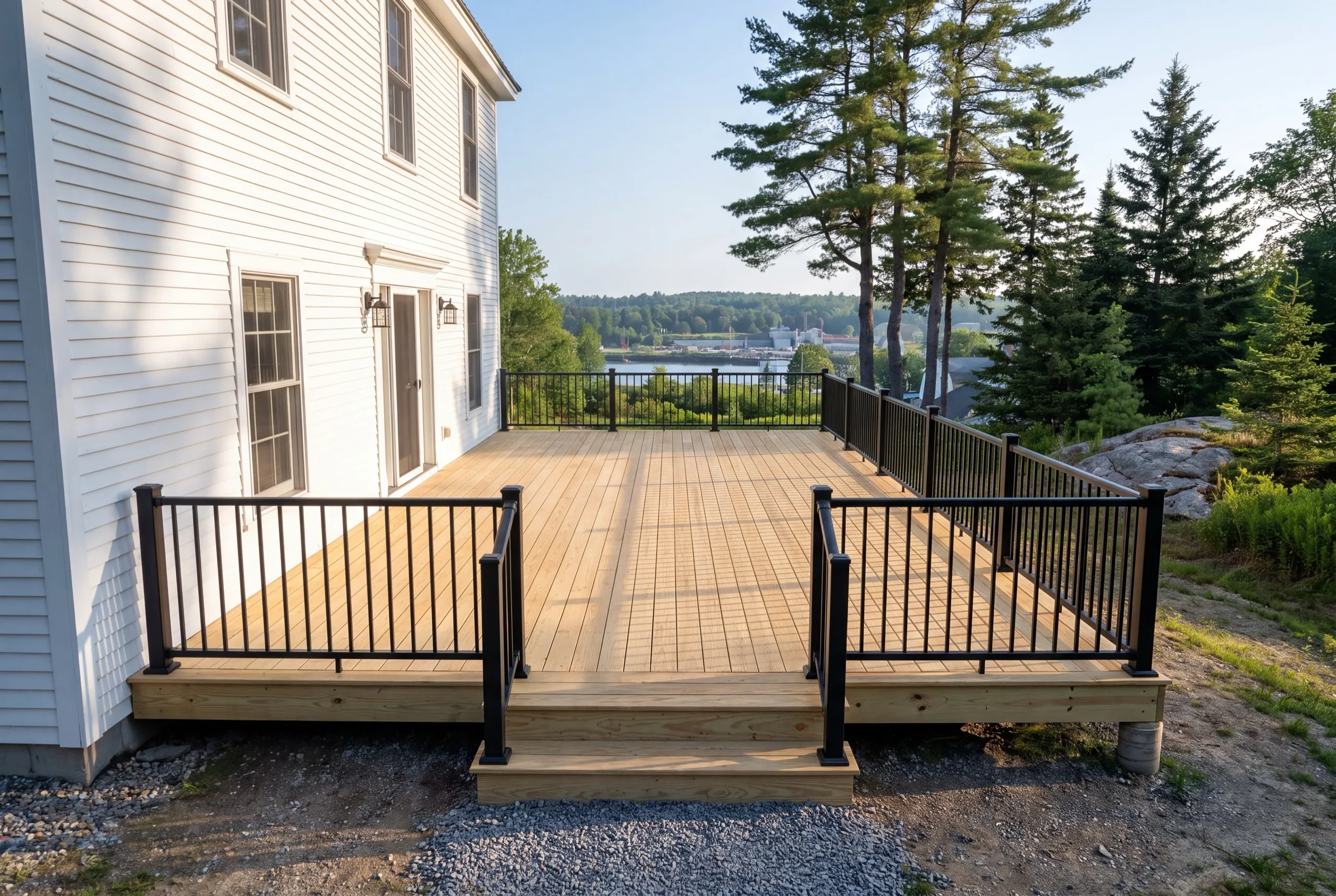 Deck builder Richmond Maine: new pressure-treated deck with black railing and center steps on a white colonial
