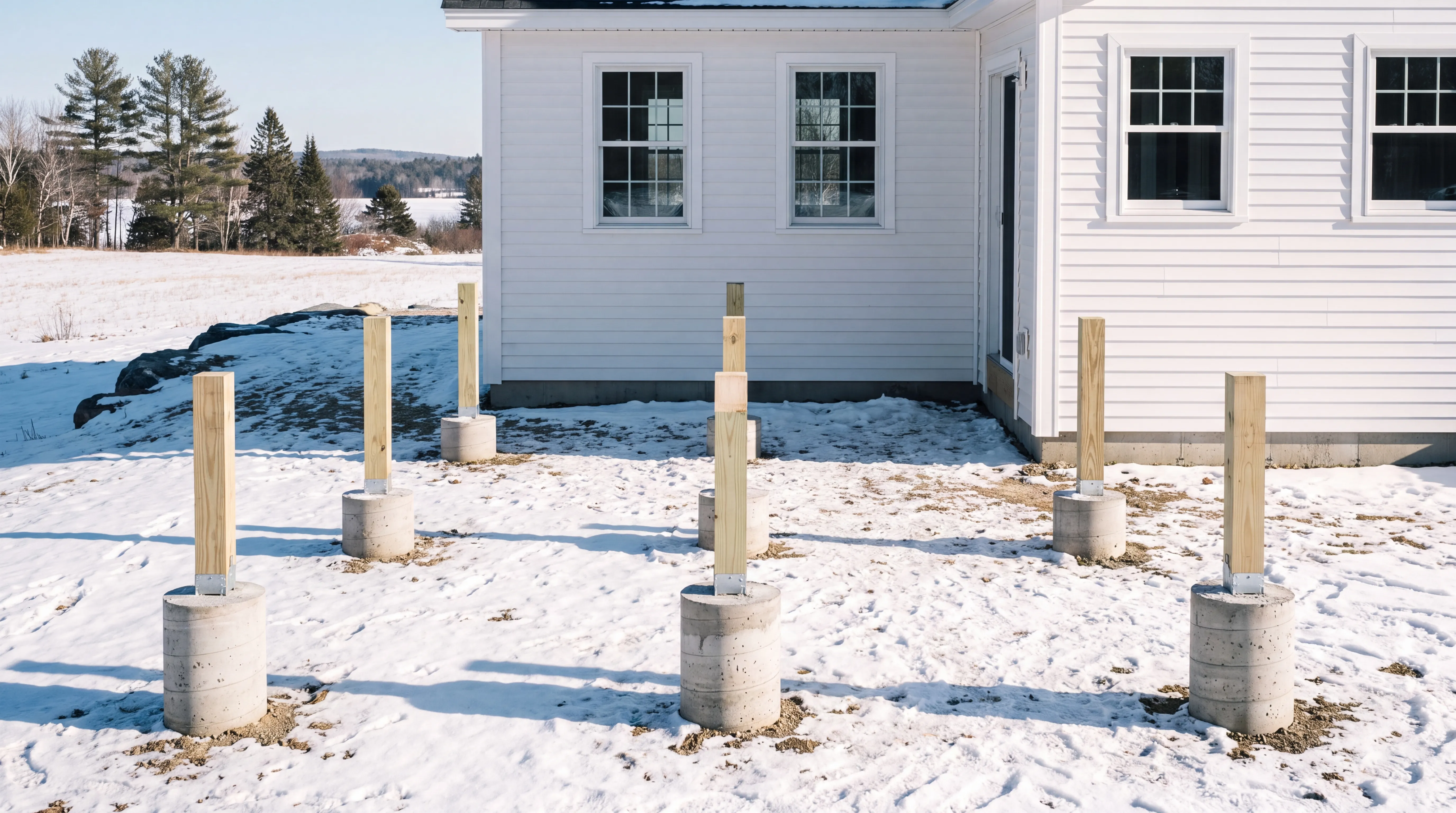 Wood deck posts on round concrete footings in snow beside a white house in Sidney, Maine