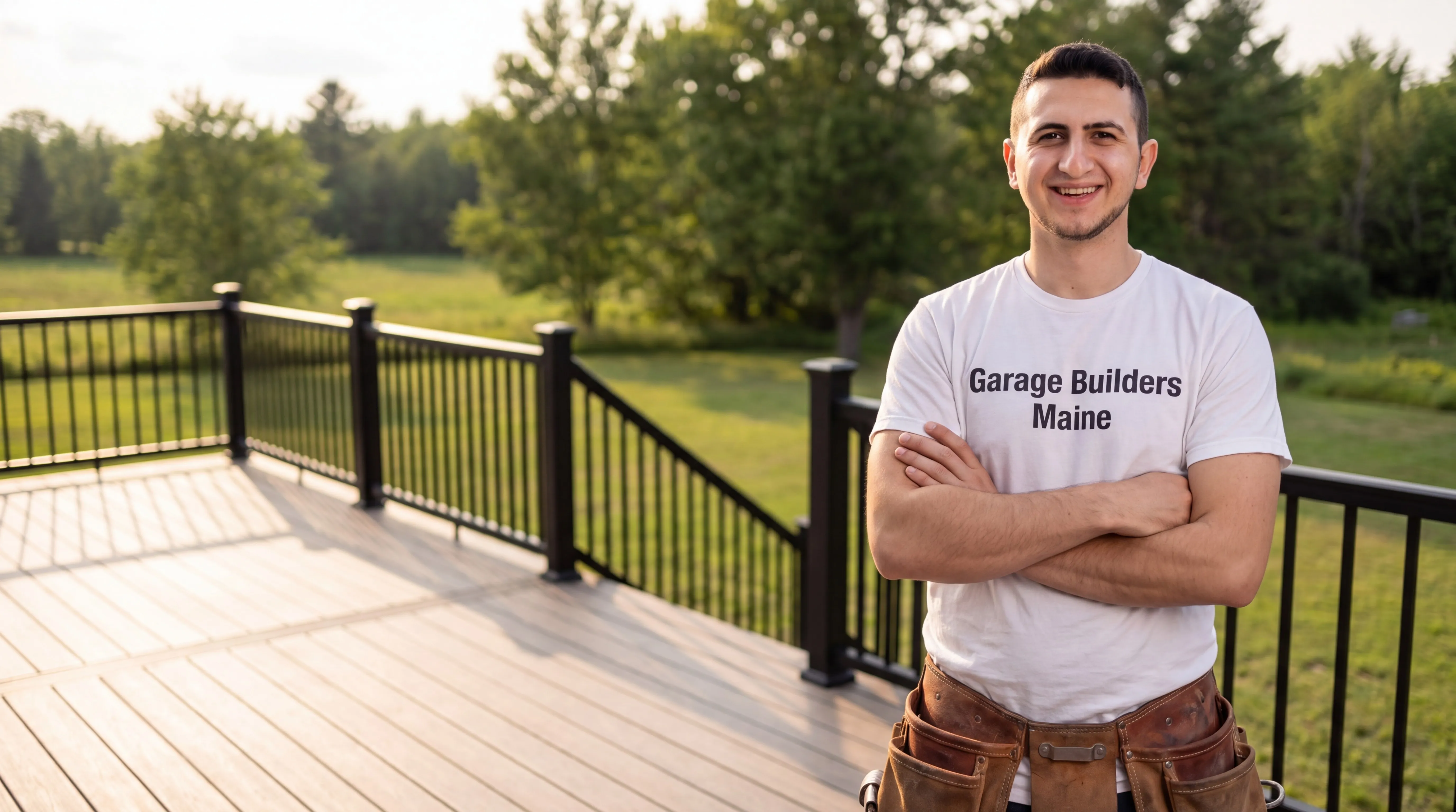 Owner of Garage Builders Maine standing with his arms crossed and smiling at a Maine job site