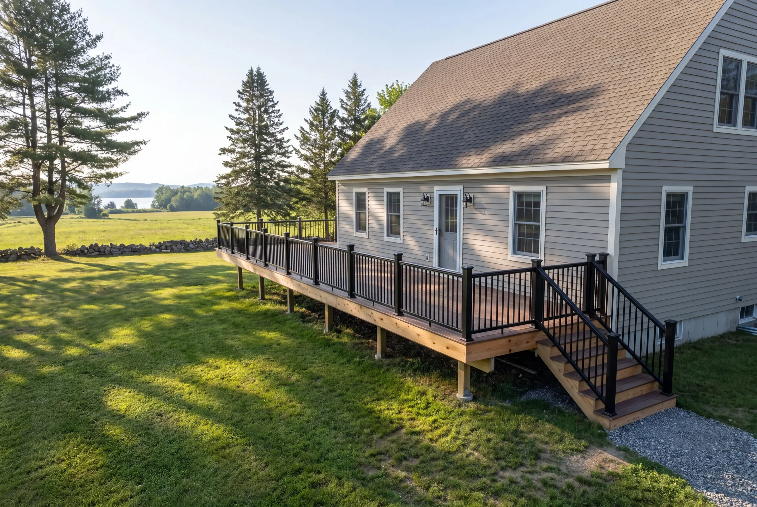 Deck contractor Sidney Maine: long composite deck on wood posts with black railing beside a gray cape