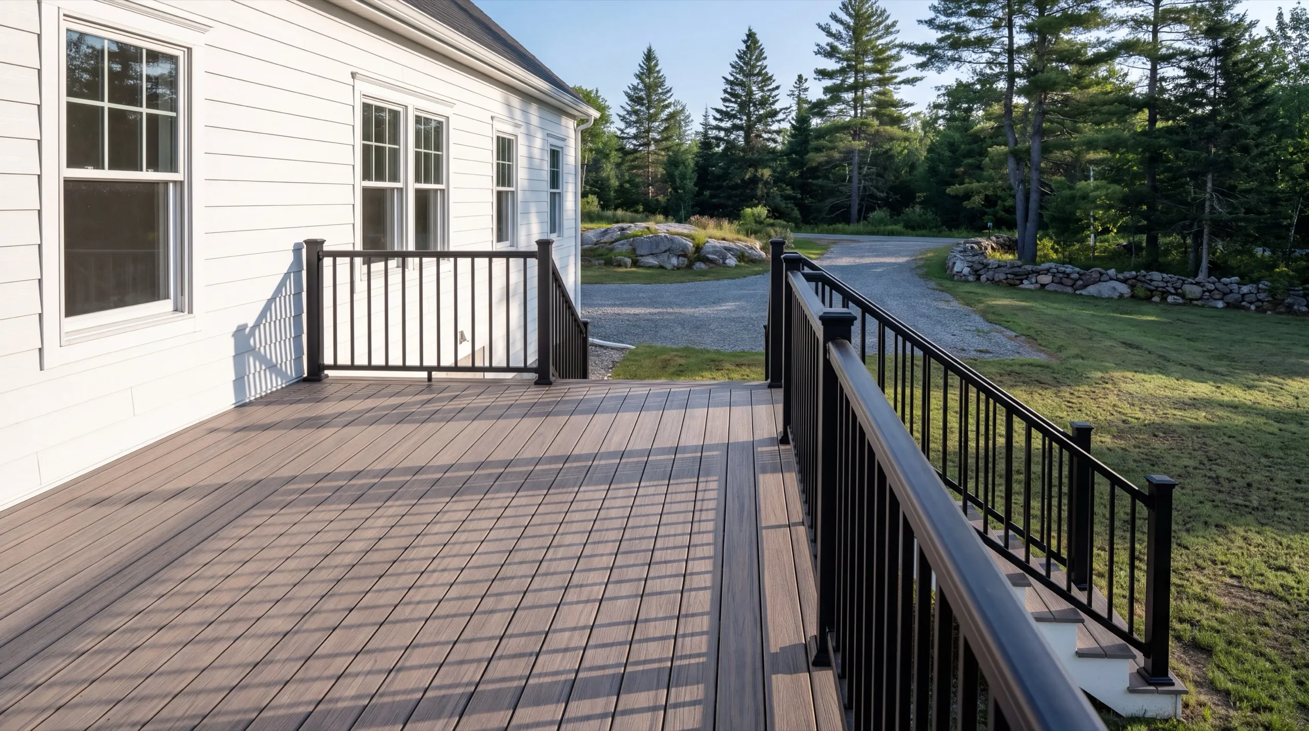 Deck contractor Vassalboro Maine: finished brown composite deck with black railing and side stairs on a white house