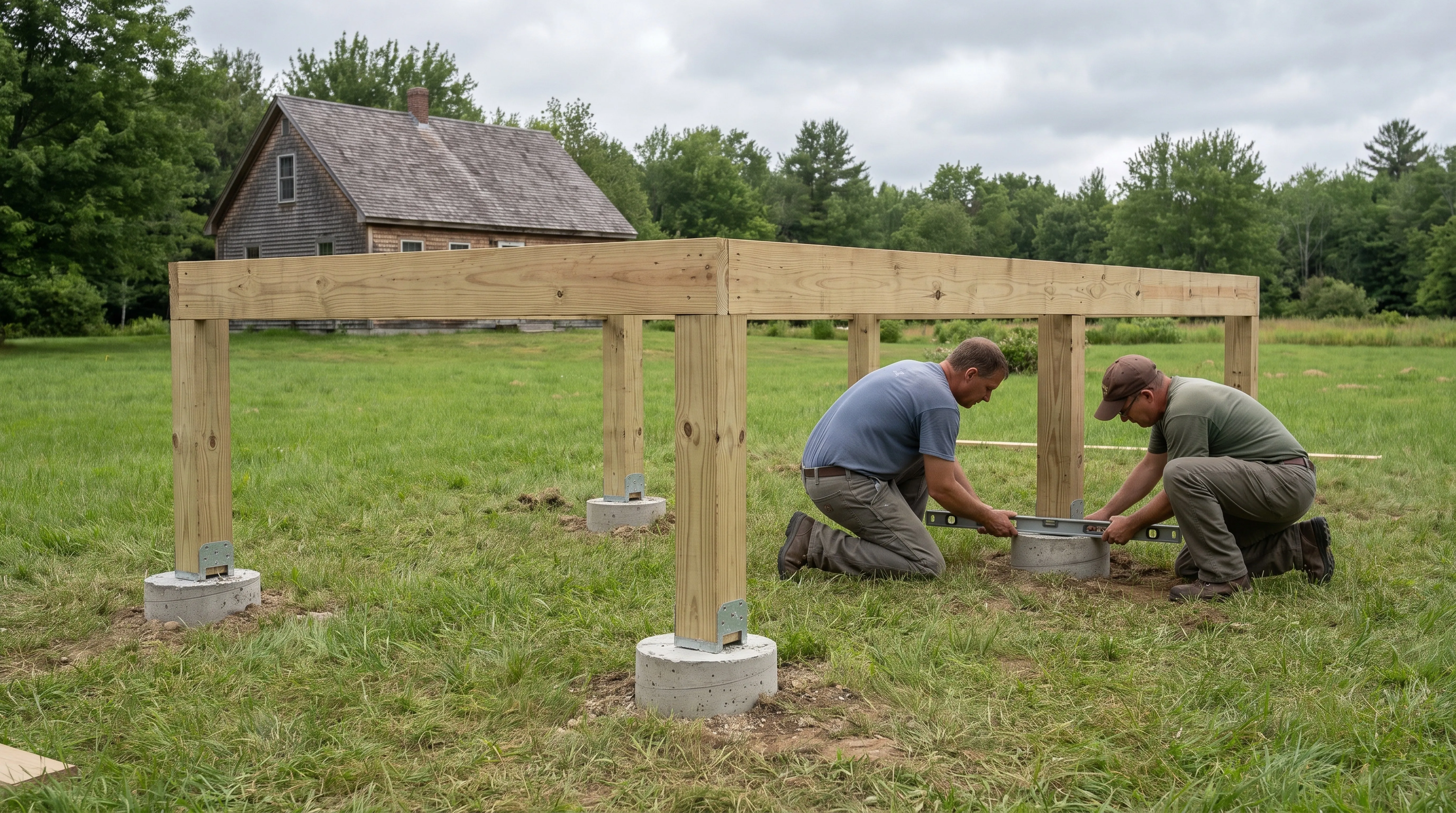 Deck builder Vassalboro Maine: two workers check level at a concrete footing under deck posts on metal bases and beams