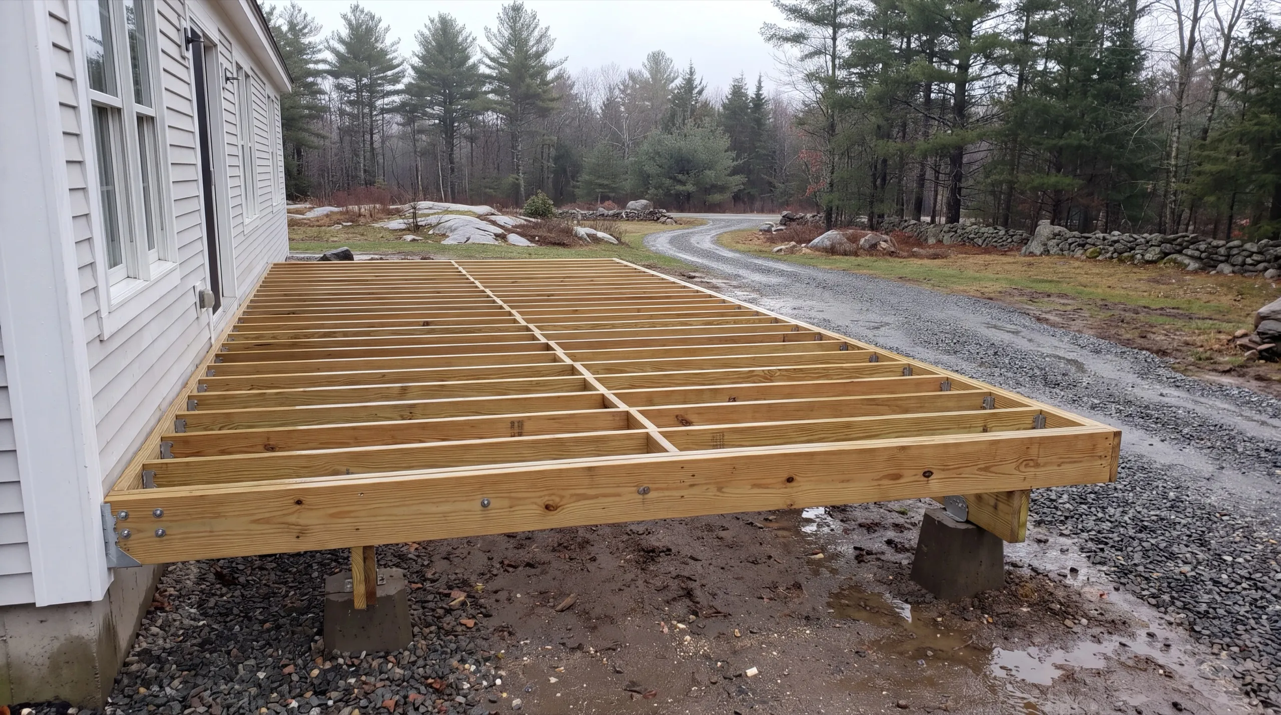 deck framing in progress on a Vassalboro home
