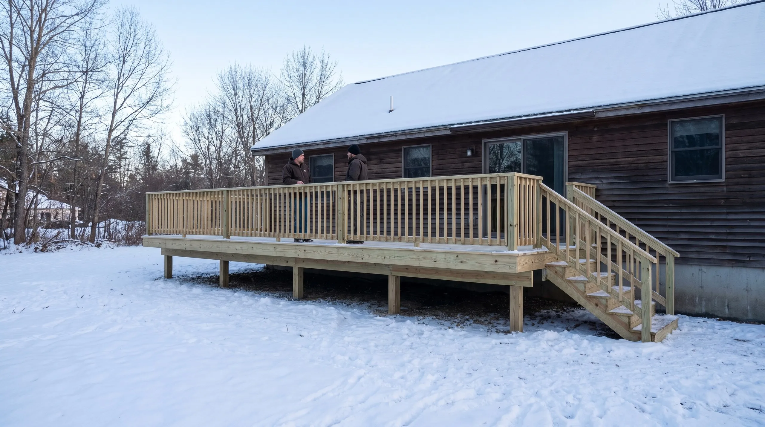 Deck contractor in Vassalboro, ME: new pressure-treated deck with full railing and side stairs on a brown ranch in snow