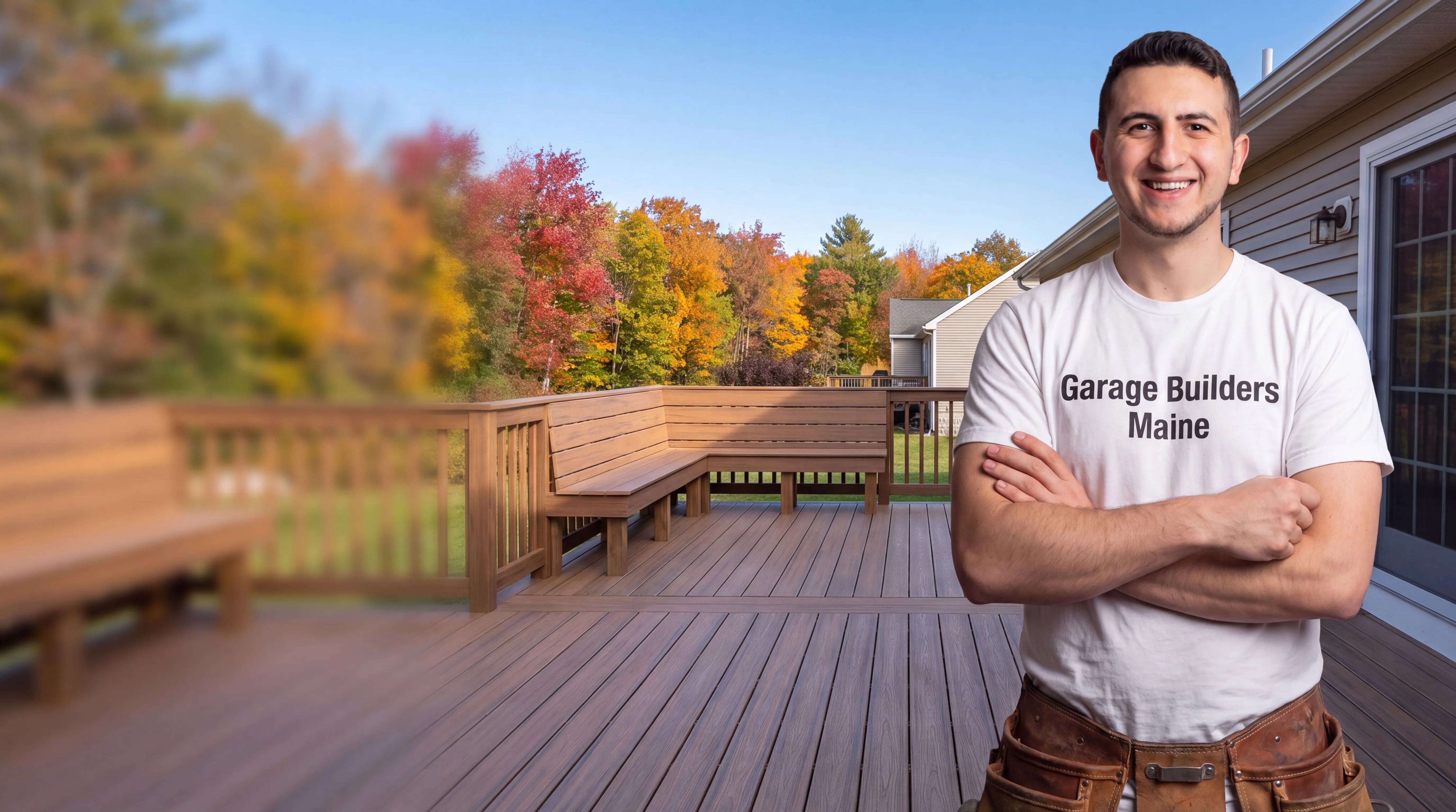 Owner of Garage Builders Maine standing with his arms crossed and smiling at a Maine job site