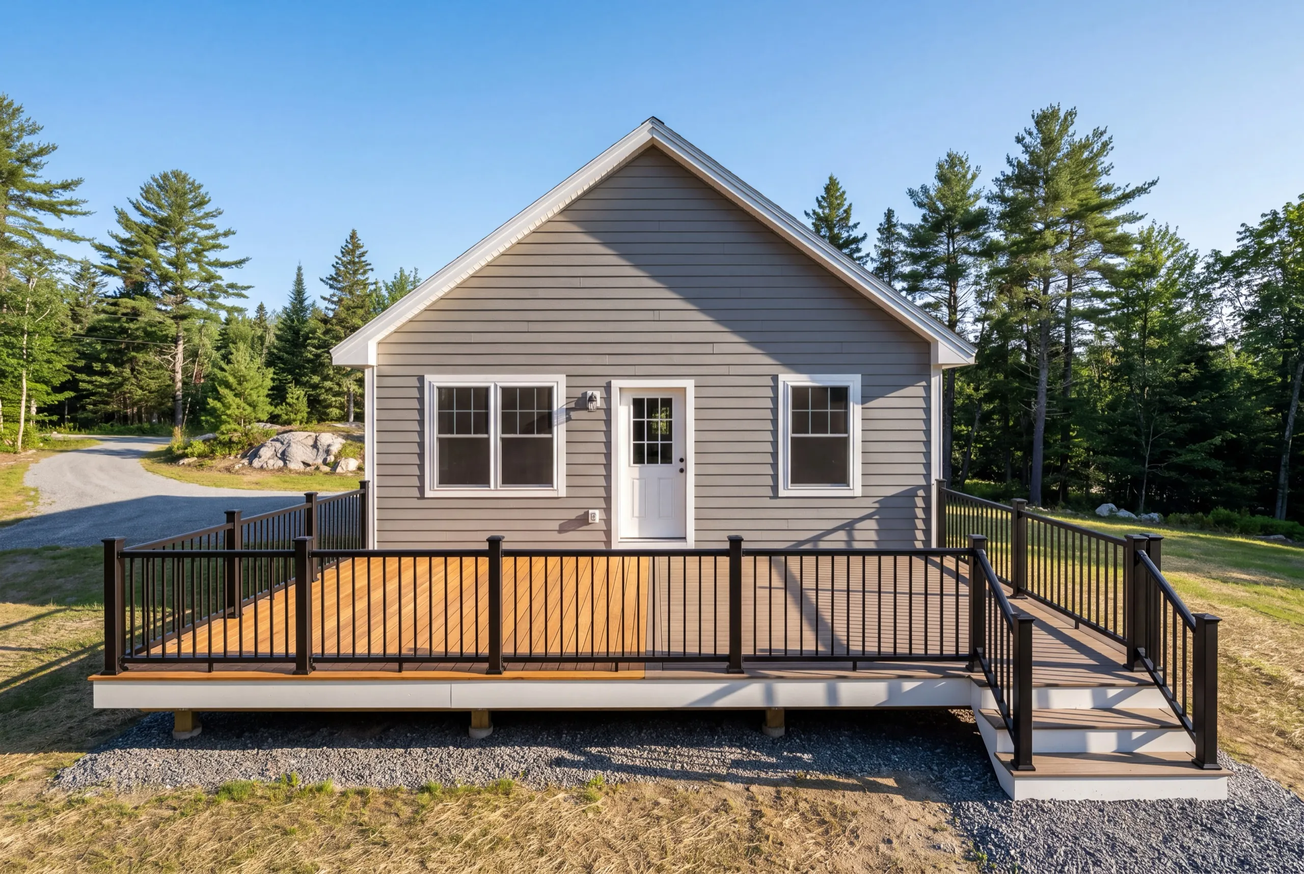 Deck builder Vassalboro Maine: deck half in honey wood and half in tan composite on a gray cottage