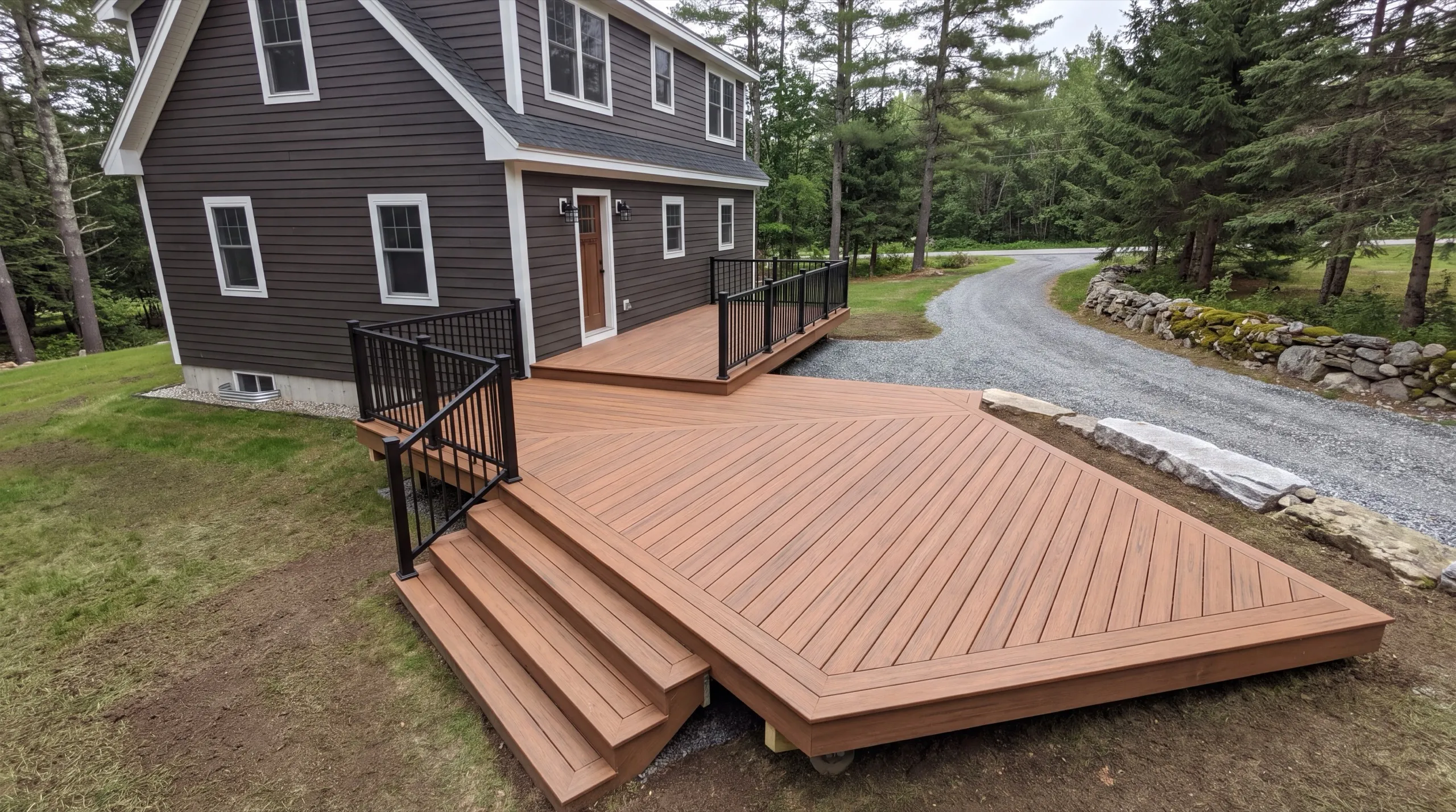 Deck contractor West Gardiner Maine: two-level brown composite deck with diagonal boards and black railing
