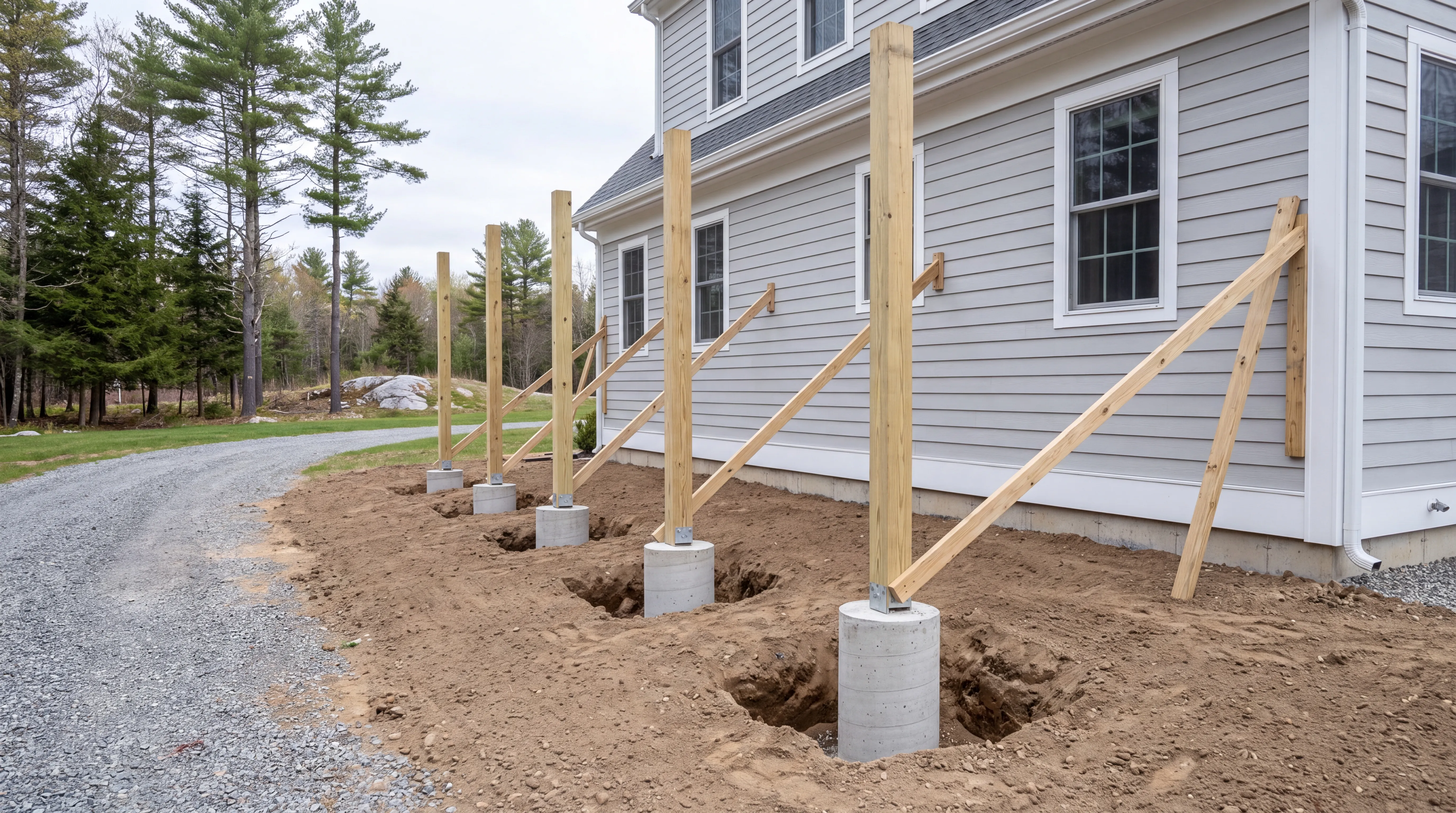 Braced wood posts on concrete footings in dug holes beside a gray house in West Gardiner, Maine