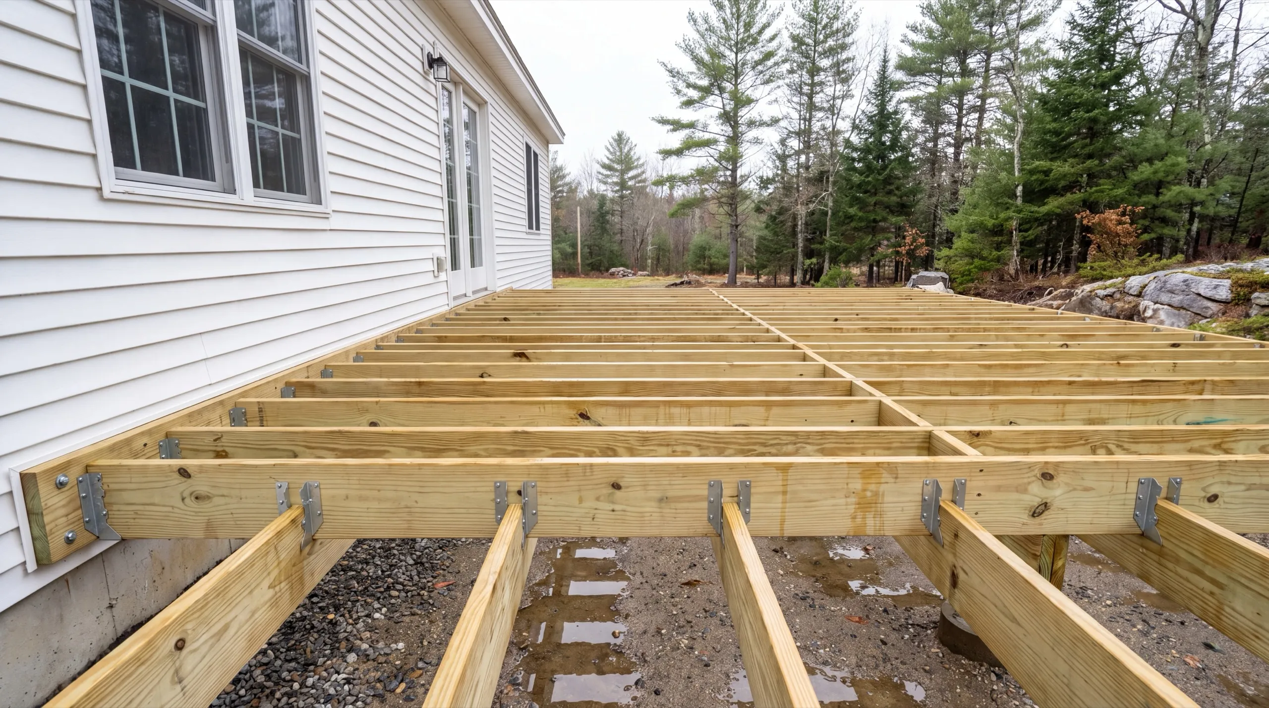 deck framing in progress on a West Gardiner home