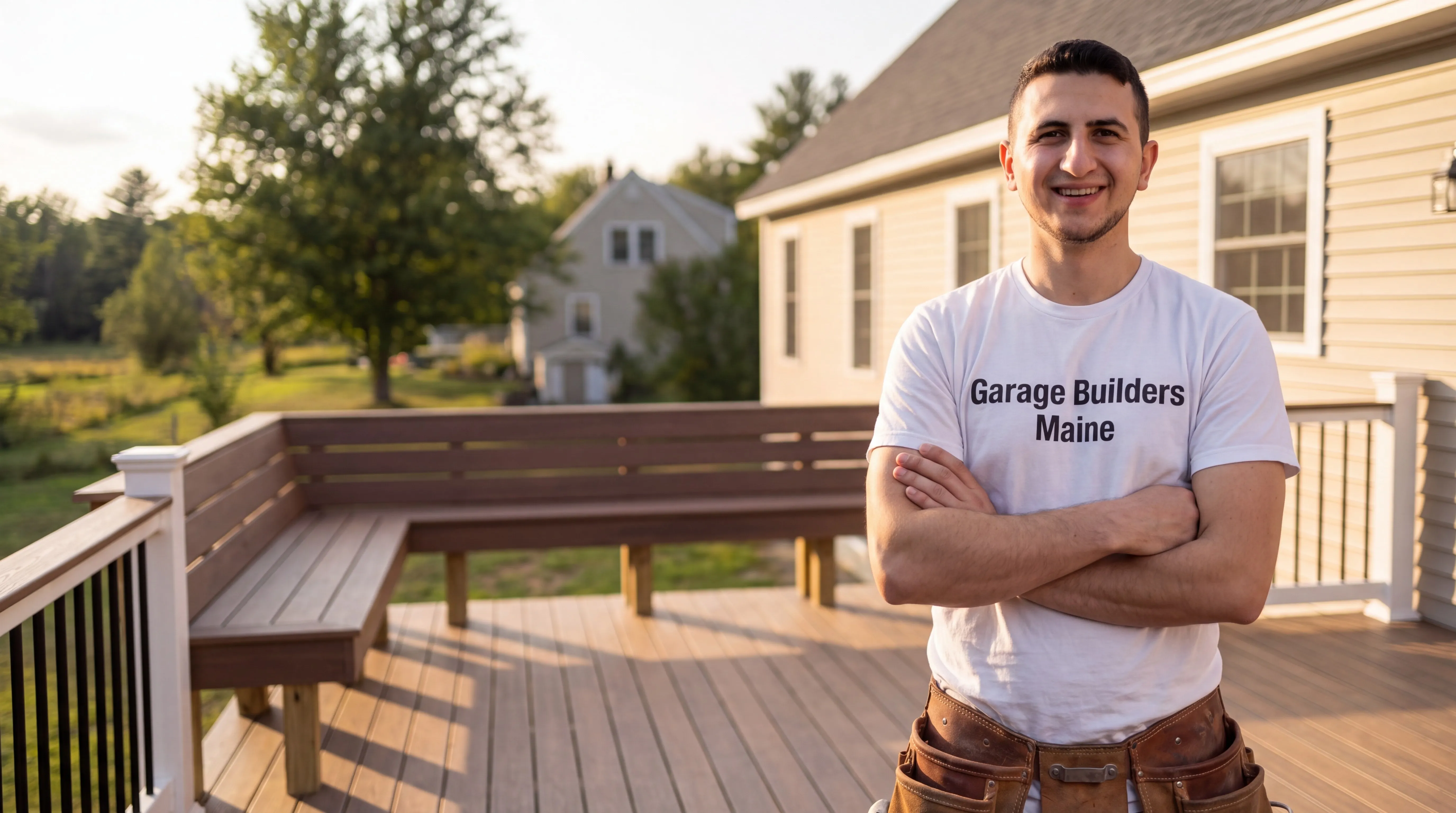 Owner of Garage Builders Maine standing with his arms crossed and smiling at a Maine job site