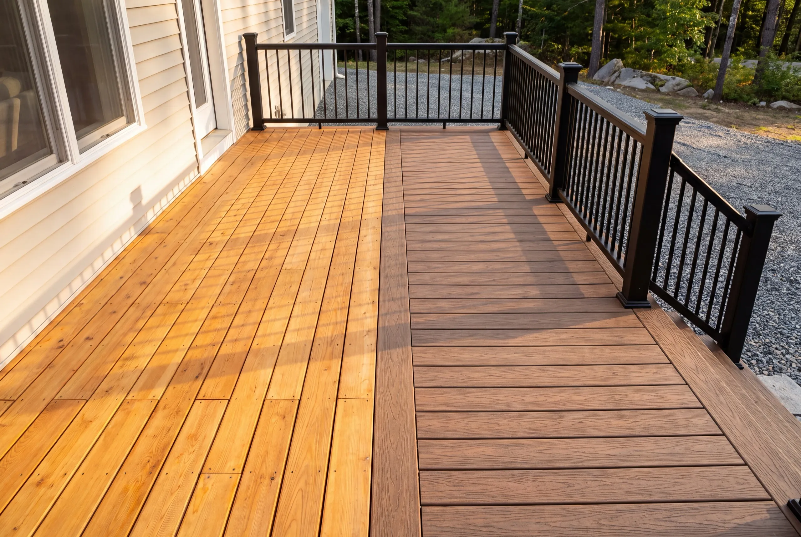 Deck contractor West Gardiner Maine: deck with honey wood boards on one side and brown composite on the other