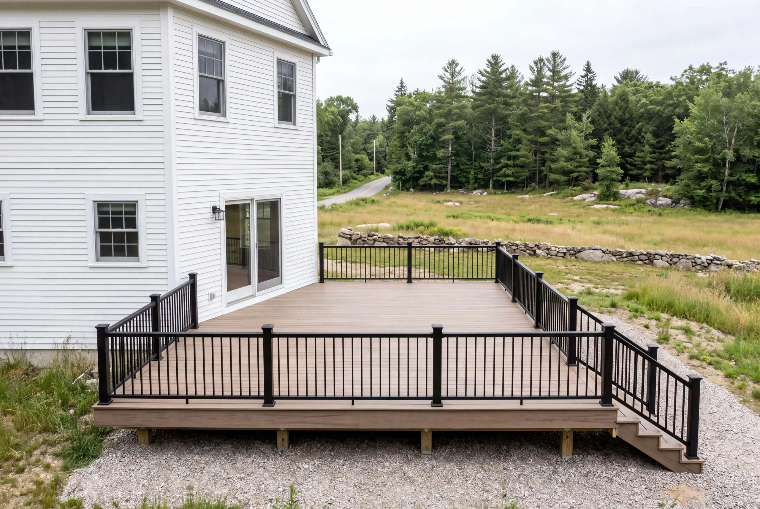 Deck contractor Whitefield Maine: tan composite deck with black railing and side stairs on a white house