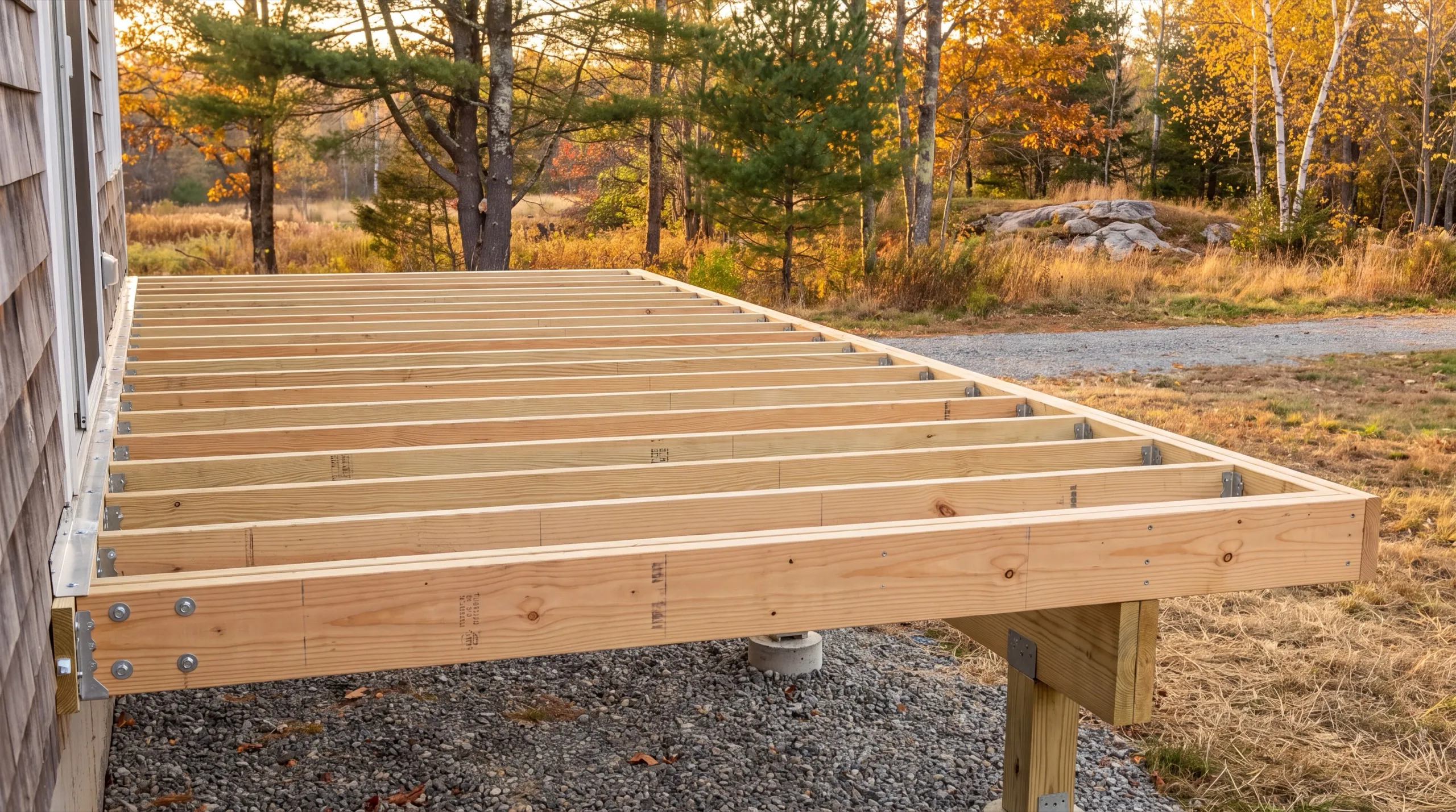 Deck builder Whitefield Maine: new deck framing with joists on posts over gravel beside a shingled house