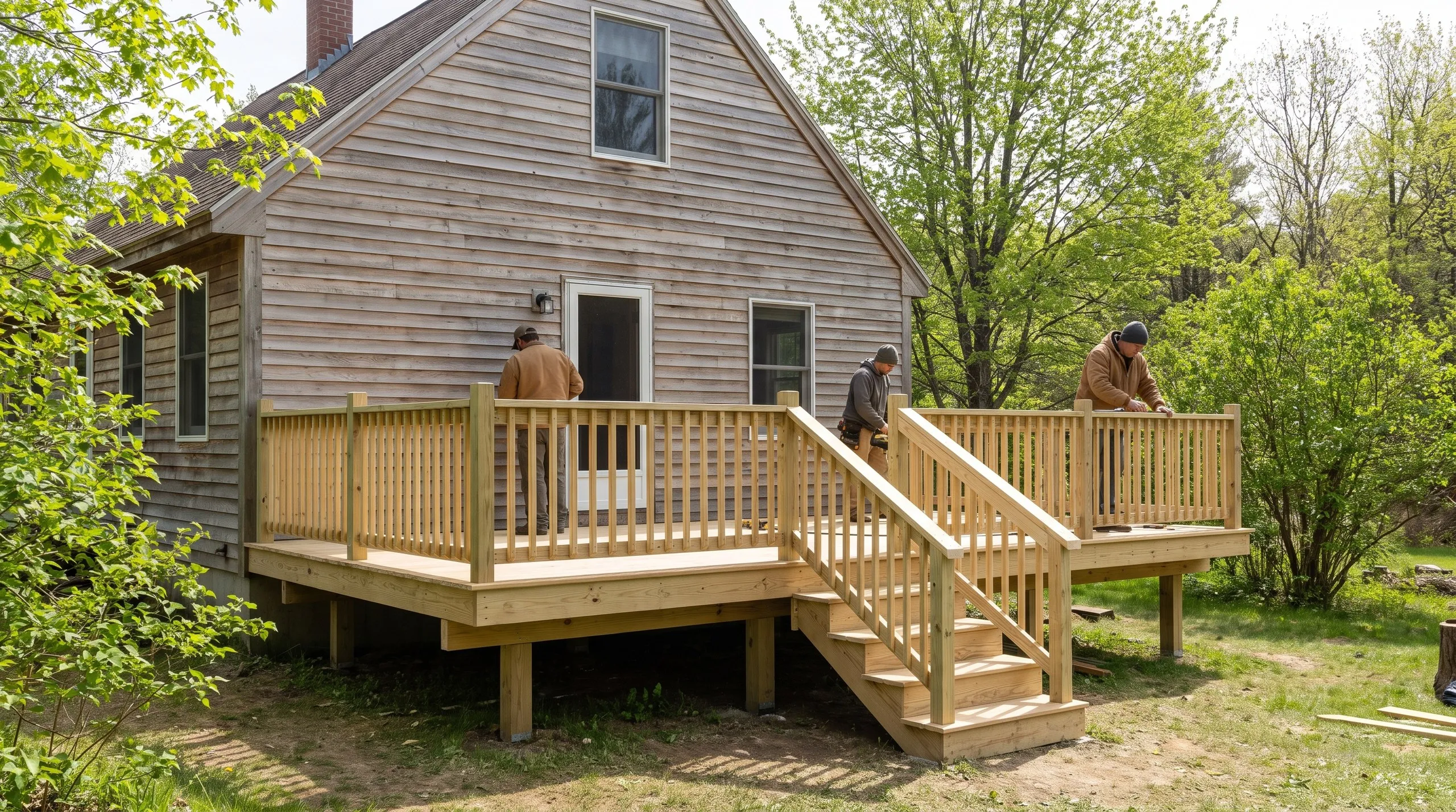 Deck contractor in Whitefield, ME: three-person crew finishing the railings on a new pressure-treated deck with one stair